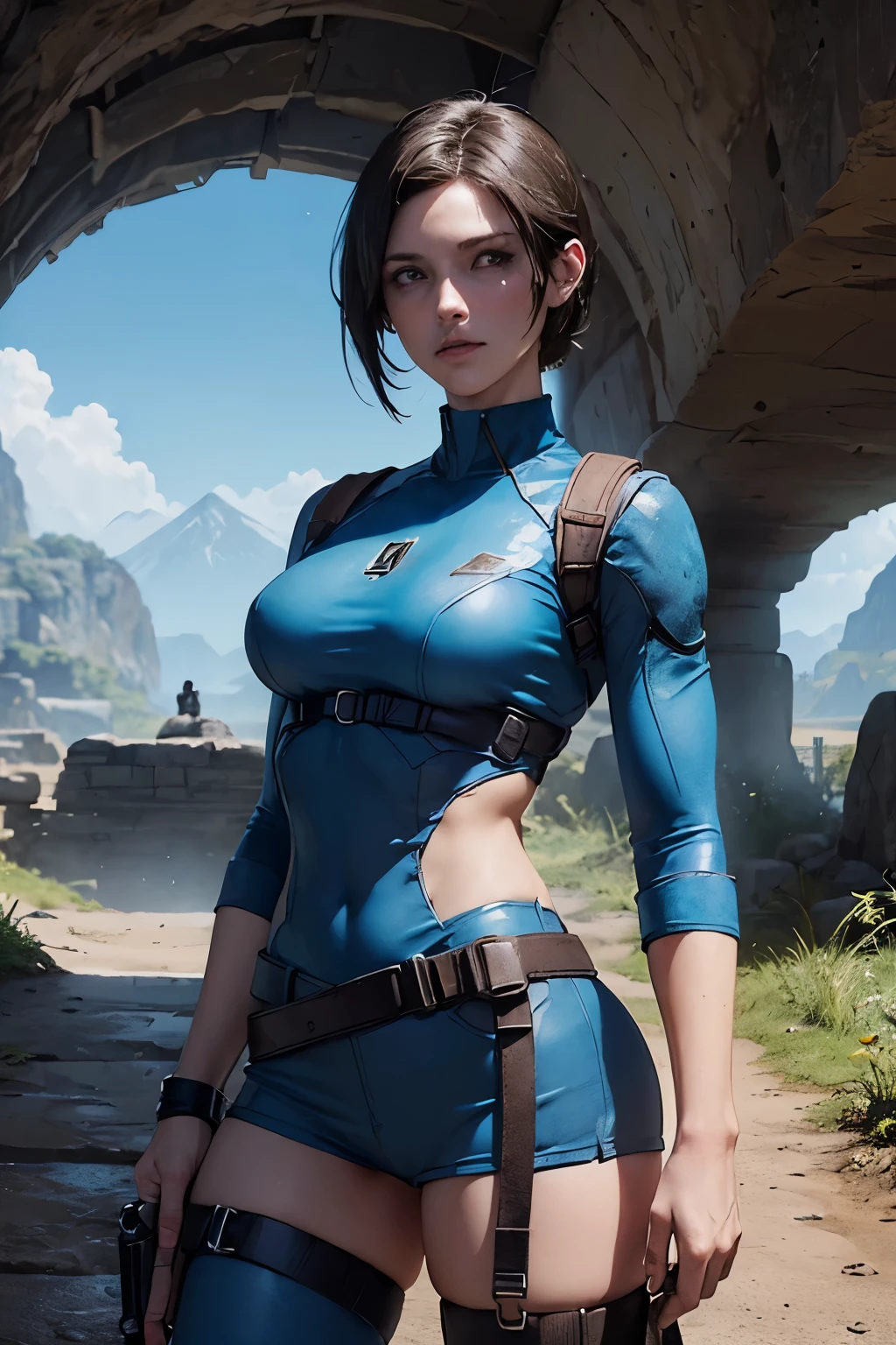 (((landscape of the ancient underground kingdom))), a beautiful young explorer stood in the distance, ((wearing a jill valentine outfit))