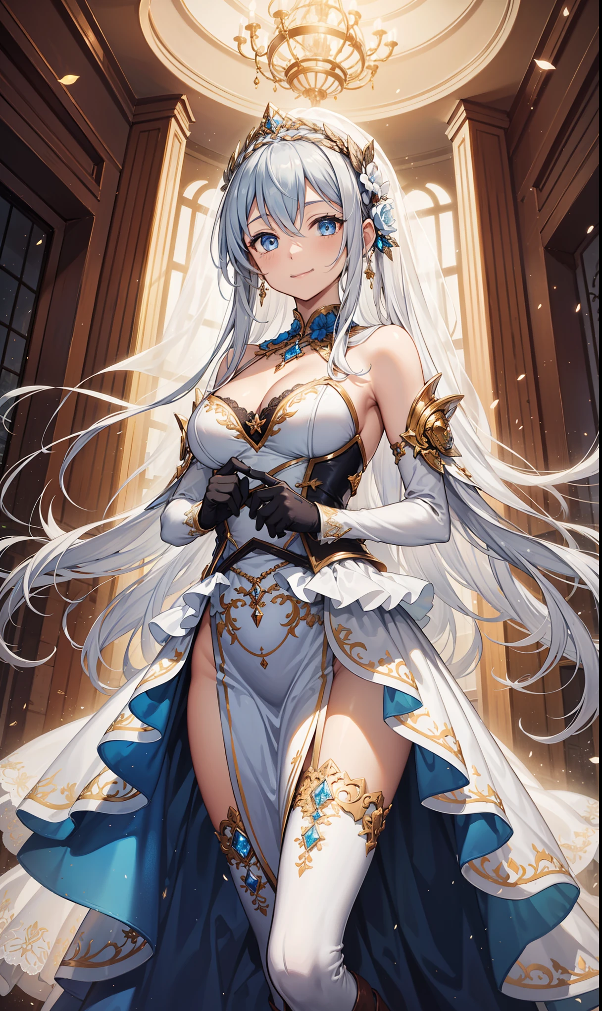 Sentinel of Heaven,Elegant and charming,charm,in love,(Fantasy world transparent white dress),black gloves,silver hair,Smile,blue eyes,Intricately designed clothes,Lots of composite armor,gem,carving,Exotic decoration,Exquisite hair accessories,Transparent lace,Sky blue pattern,light stripes,dress nicely,indoor,night,Carved suspender boots,Super super details,holy mist,light particles,Exquisite and beautiful eyes and face