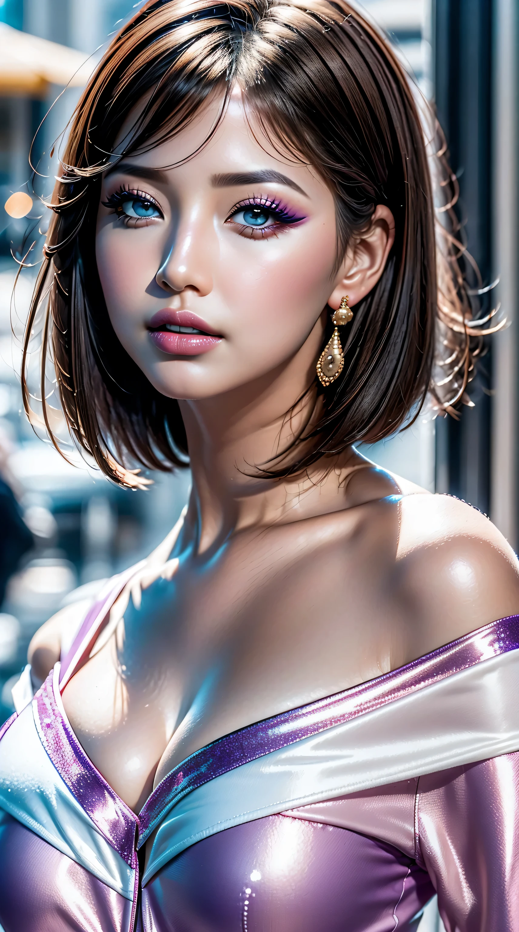 ((perfect round eyes))、dressed, (photo realistic:1.5), (realistic:1.5), (smoother lighting:1.05), (increase cinematic lighting quality:0.9), 32K, 1girl,25yo girl, realistic lighting, backlighting, light on face, ray trace, (brightening light:1.2), (Increase quality:1.1), (best quality real texture skin:1.4), ((finely detailed eyes)), finely detailed face, ((finely quality eyes)), (tired and sleepy and satisfied:0.0), ((face closeup:1.3)), (detailed lips:1.33)、(Detailed nose:1.2)、bikini, korean girl, (Increase body line mood:1.1), (Increase skin texture beauty:1.18), (pink_makeup:1.35), (2long_blue_eyeliner:1.25), red_lipstick:1.38、there a close up of a woman's ((eye with a digital rendering)), ((perfect dark_purple_eyeshadows:1.26)), ((detailed makeup on eyes:1.3)), iridescent eyes, with professional makeup, vibrant eyes:1.2, ((Glamour, paparazzi taking pictures of her), (very complicated Extravagant street outfit), The attention to detail, Double eyelids, Wear an off-the-shoulder top, full bodyesbian，((White short hair:1.33)), ((brown_eyes:1.5)), contrast、 (dark shot:1.08)、 UHD, Extremely detailed, voluminetric warm lighting,