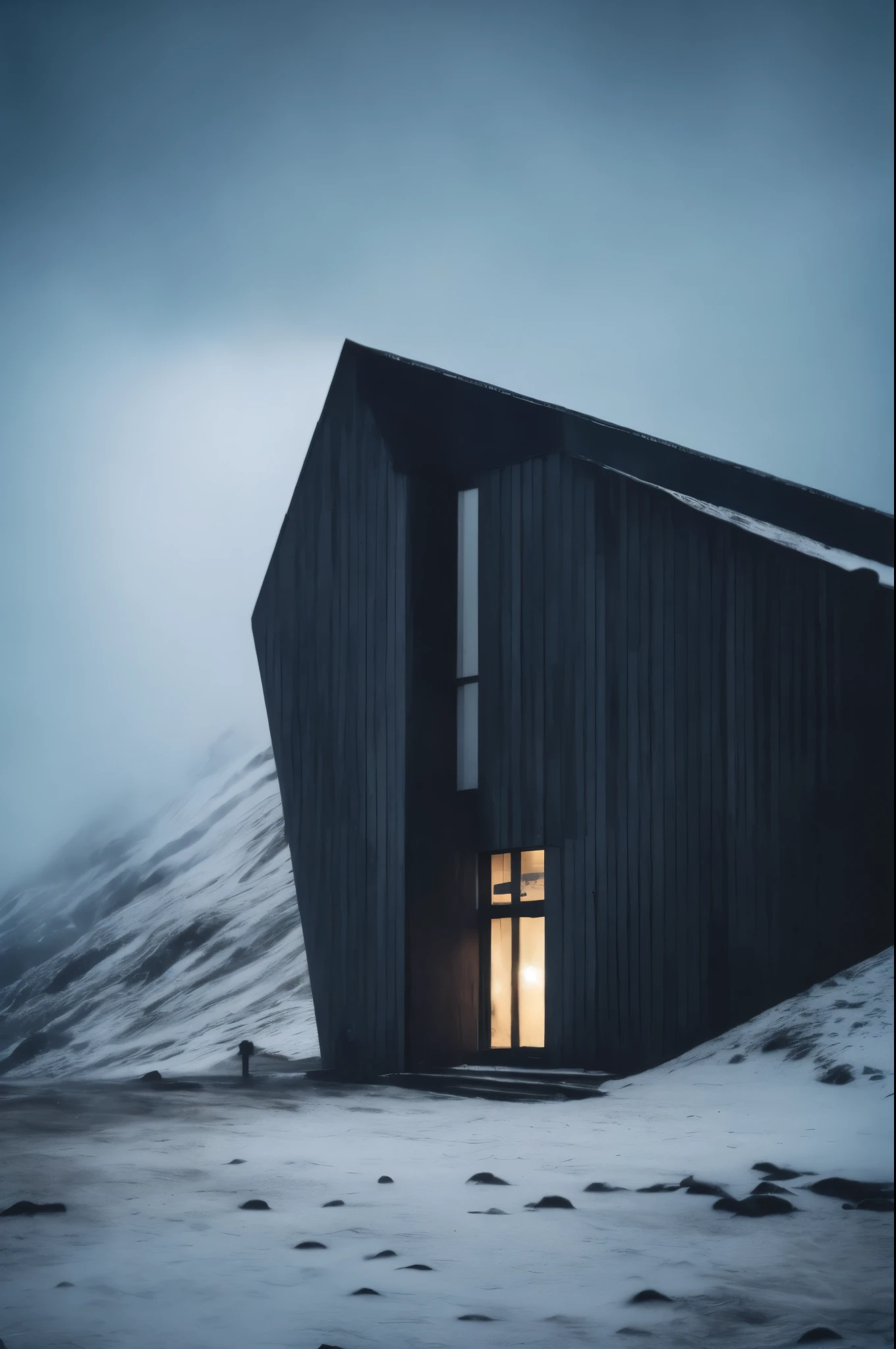 Ultra wide angke cinematic photo of a mesmerically moody dark and gloomy massively monolithic Scandinavian minimalism brutalist futuristic structure on an icelandic Norwegian Scandinavian mountain exterior between two worlds with snow mist and fog and dust styled