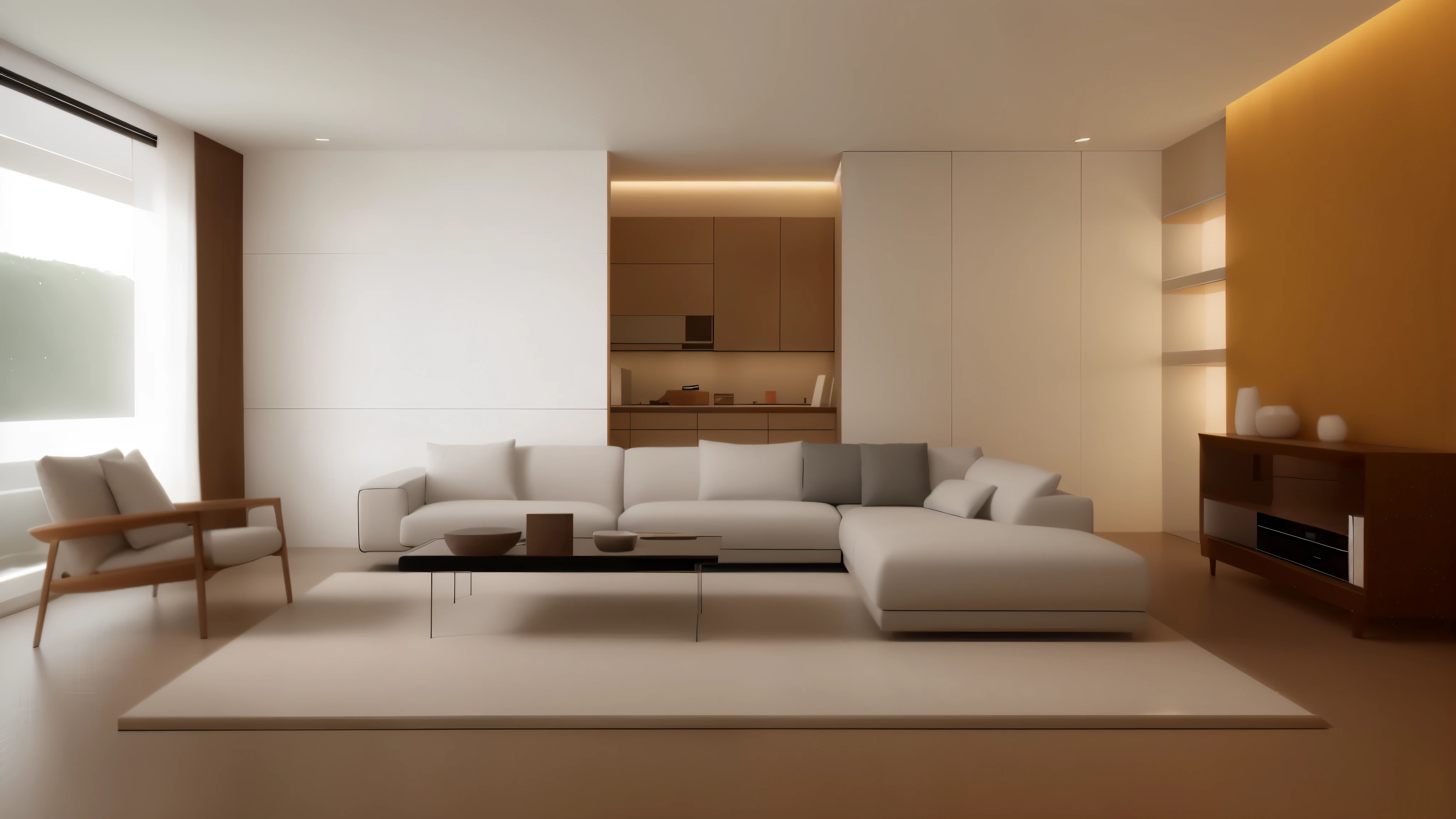 Alafid living room with white sofa and coffee table, Modern and simple设计, Modern and simple, elegant minimalism, maximalist interior design, Simple and clean, minimalist design, Warm ambient lighting, minimally modern, simple furniture, Soft ambient lighting, Crisp 3D rendering, elegant rendering, minimalist lighting, Modern and simple, 3D rendering style, modern living room