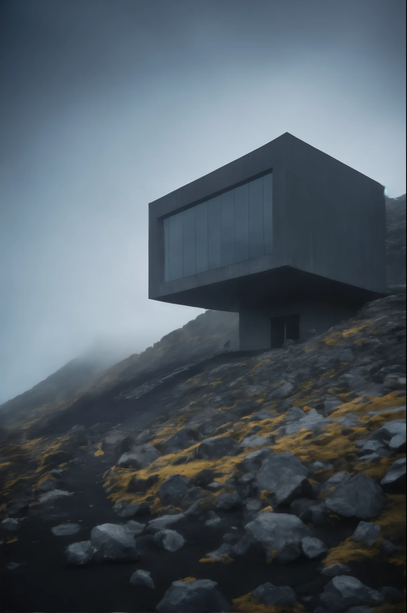 Ultra wide angke cinematic photo of a mesmerically moody dark and gloomy massively monolithic Scandinavian minimalism brutalist futuristic structure on an icelandic Norwegian Scandinavian mountain exterior between two worlds with snow mist and fog and dust styled