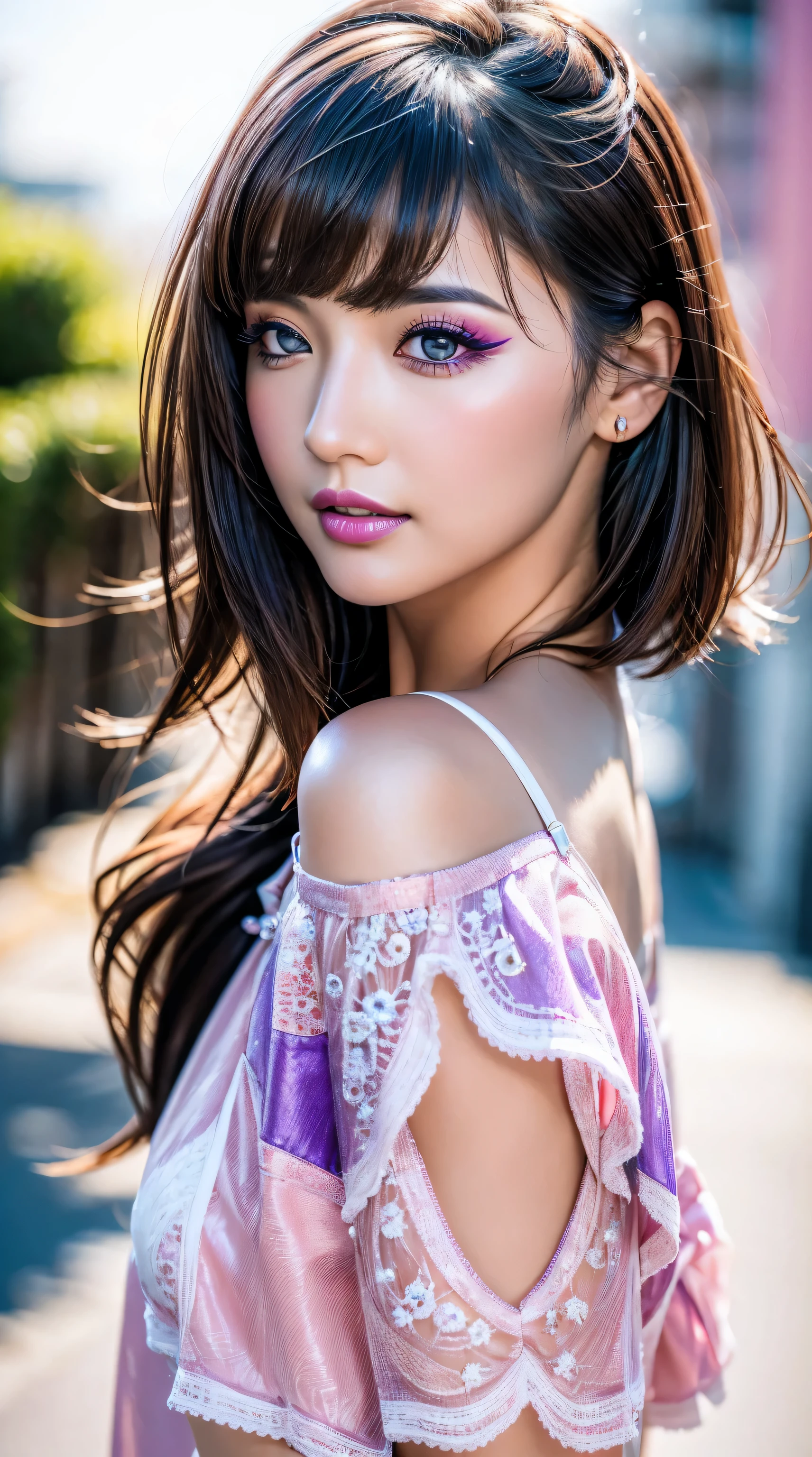 ((perfect round eyes))、dressed, (photo realistic:1.5), (realistic:1.5), (smoother lighting:1.05), (increase cinematic lighting quality:0.9), 32K, 1girl,25yo girl, realistic lighting, backlighting, light on face, ray trace, (brightening light:1.2), (Increase quality:1.15), (best quality real texture skin:1.25), (finely detailed eyes), finely detailed face, (finely quality eyes), (tired and sleepy and satisfied:0.0), ((face closeup:1.3)), (detailed lips:1.33)、(Detailed nose:1.2)、bikini, korean girl, (Increase body line mood:1.1), (Increase skin texture beauty:1.18), (pink_makeup:1.35), (2long_blue_eyeliner:1.33), red_lipstick:1.45、there a close up of a woman's (eye with a digital rendering), ((perfect dark_purple_eyeshadows:1.32)), iridescent eyes, with professional makeup, vibrant eyes:1.1, ((Glamour, paparazzi taking pictures of her), (very complicated Extravagant street outfit), The attention to detail, Double eyelids, Wear an off-the-shoulder top, full bodyesbian,((White short hair:1.43)), ((brown_eyes:1.5)), contrast、 (dark shot:1.15)、 UHD, Extremely detailed, voluminetric warm lighting,