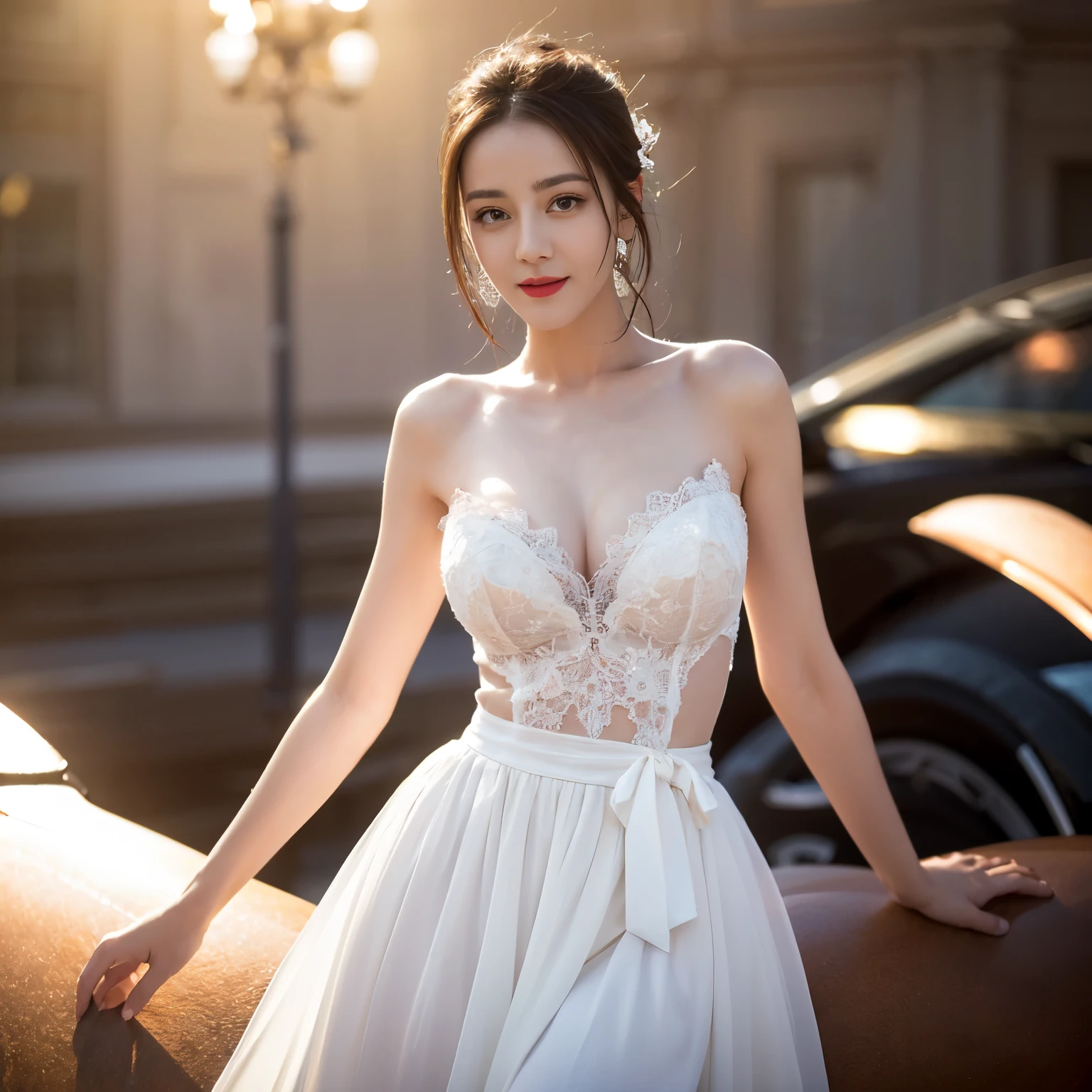 ((top quality、8k、Masterpiece:1.3))、Extremely delicate and beautiful girl,full-body shot,huge breasts,bigger breasts,amazing breast size,H cup,tube top skirt,sunset,sunset。Wear big earrings,Very white skin,moist red lips,Waist is very thin,Thighs are very thin,Big hips,Smile,White and smooth skin,Smooth and fair skin,flawless skin,Fair and shiny skin,cold white skin,The camera focuses on the chest,bright light