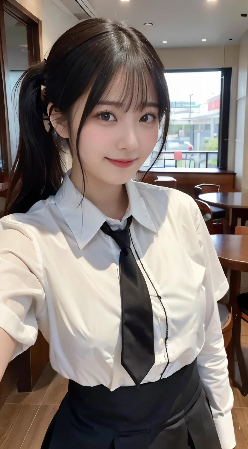 (highest quality,masterpiece:1.3,ultra high resolution,),(Super detailed,caustics),(Photoreal:1.4,RAW shooting,)ultra-realistic capture,very detailed,High resolution 16K human skin close-up。 natural skin texture、,The pores are、、、Must be detailed enough to be easily identified。 Skin should look even-toned and healthy。 Use natural light and color,restaurant,waitress uniform,1 girl,Japanese,18-year-old,cute,black haired,ponytail,big breasts,smile,turn your body forward,(Front view:1.1),look at the camera,cowboy shot,