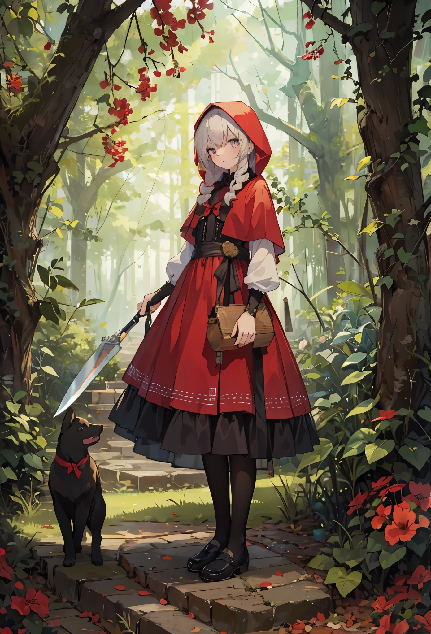 ((Highly accurate drawing in every detail)Extremely precise depiction)[High resolution],(detailed illustrations,とてもfineで緻密な描画,Delicate drawn lines with tempo,Realistic texture expression),[color traced main line],[deep nordic forest],((irish girl) Beauty ) [braided hair] Medium build, medium height,((little red riding hood)apron dress[(frills) ribbon]) [Meat cleaver],gravure[[bizarre atmosphere]gothic horror],(Fine and beautiful skin expression [transparency]),((Precisely drawn eyes))[完璧な目のdetailed((Beautiful eyes like jewels)Iris drawn in precise detail)[clearly drawn pupils]],[eye light[Pinpoint lighting for the eyes]],[long and beautiful eyelashes],[precisely drawn hair [美しく艷やかな髪のdetailed]],(完璧な手のdetailed [Beautiful fingers with no damage [beautiful nails]]),(perfect anatomy(perfectly balanced proportions))[[full body portrait]],[ideal color coordination(Accurate simulation of light and material interactions)],([precision detail](detailed,高fine)),[[pale and gentle colors]][Visual art that tells a story] [[natural eros]],((highest quality)fine[[High density drawing]])(4K quality).
