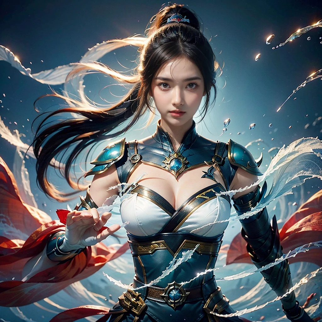 A style that combines ancient times with science fiction,ChineseGirl,20yr old,researcher,Long ponytail hairstyle,black color hair,red eyes,A plump chest,Open white coat,red pattern,Red suspender underwear,liner,scantily clad,Shoulders bare,bare abdomen,scholar clothing,joint armor,close your mouth,hands unfolded,Expand the pose,Hand hidden,elegant and charming,Calm and serious,heroic look,(avatar close up),(Avatar photo),(head portrait),Futuristic fantasy,ancient fantasy,Lab scenario,inside a room,Electromechanical robot,Futuristic tech style,cyber punk personage,hyper realisitc,8K