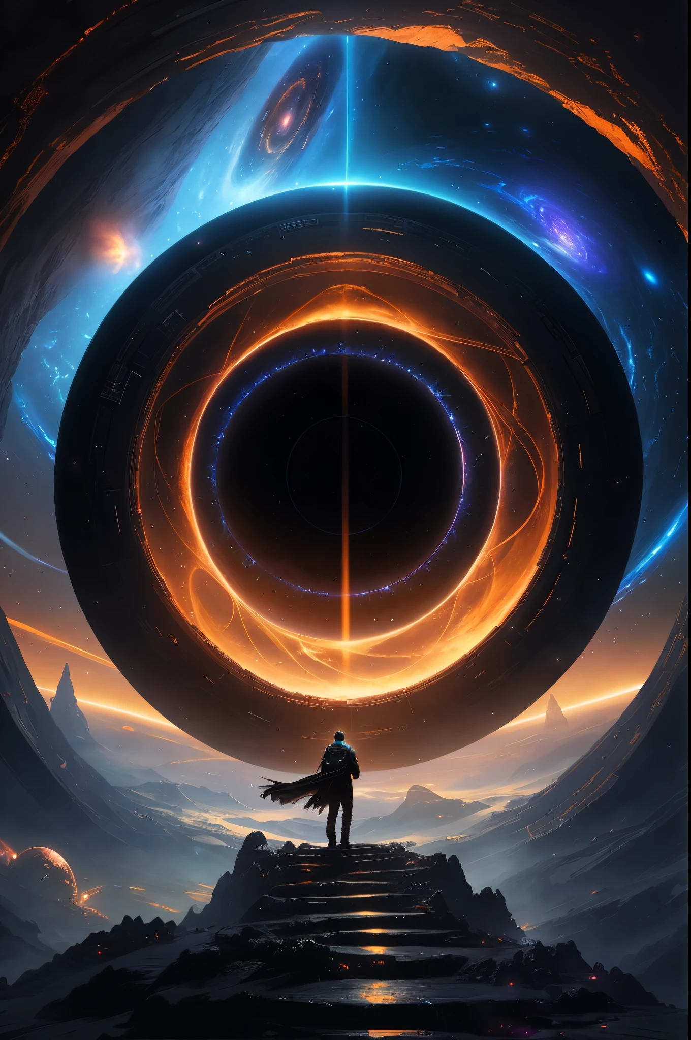 arafed image of a man standing on a stairway in front of a giant black hole, luminous black hole portal, magic portal in the sky, jessica rossier fantasy art, epic fantasy sci fi illustration, artgem and beeple masterpiece, black hole time portal, epic scifi fantasy art, cinematic beeple, spirits coming out of portal