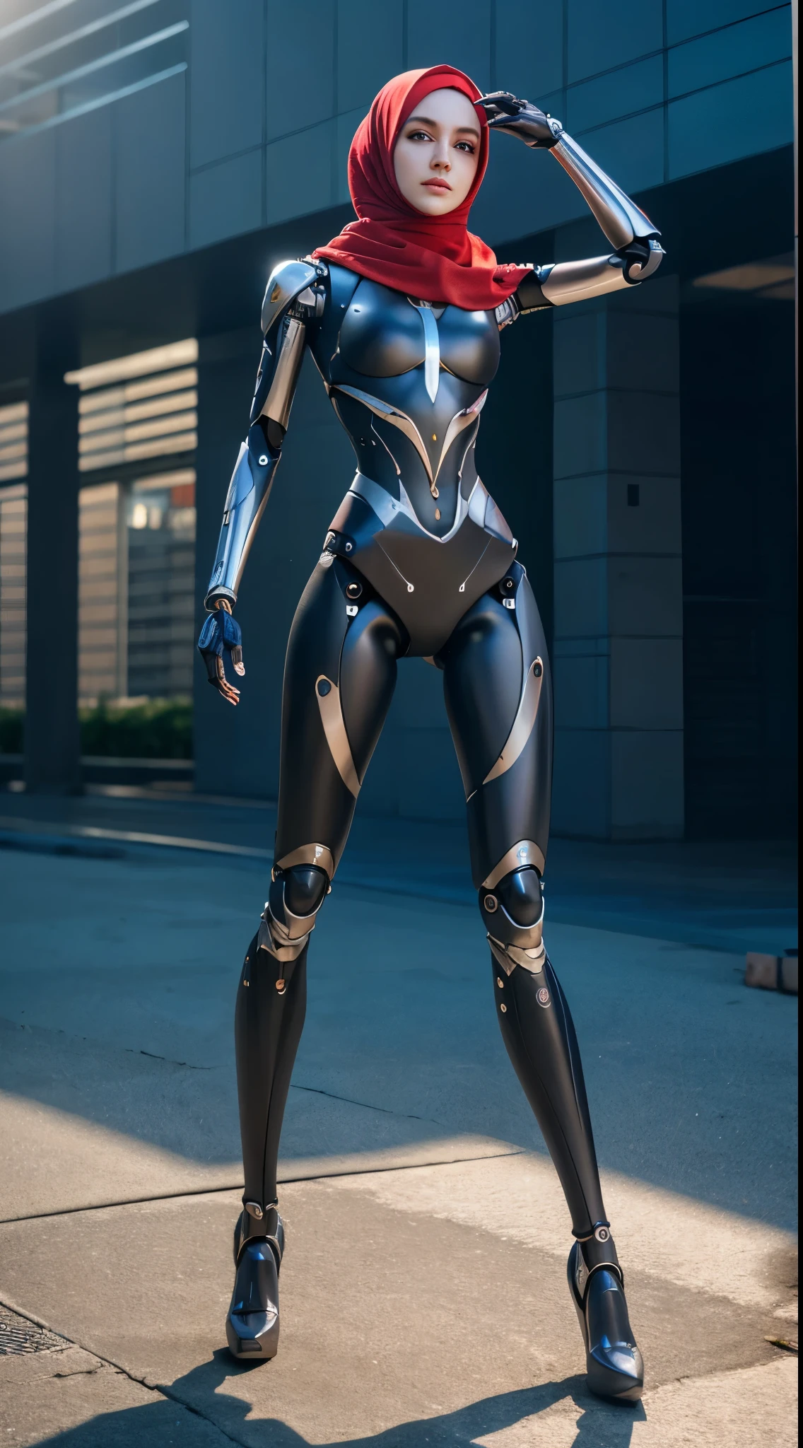 womanized humanoid robot made of steel, wearing hijab, beautiful face, anatomically correct, cyborg, cyborg limbs, long leg, unreal engine, ray tracing, 8 k, uhd, ultrarealistic, highly detailed in the style of omni magazine, digital art, dramatic lighting, octane render