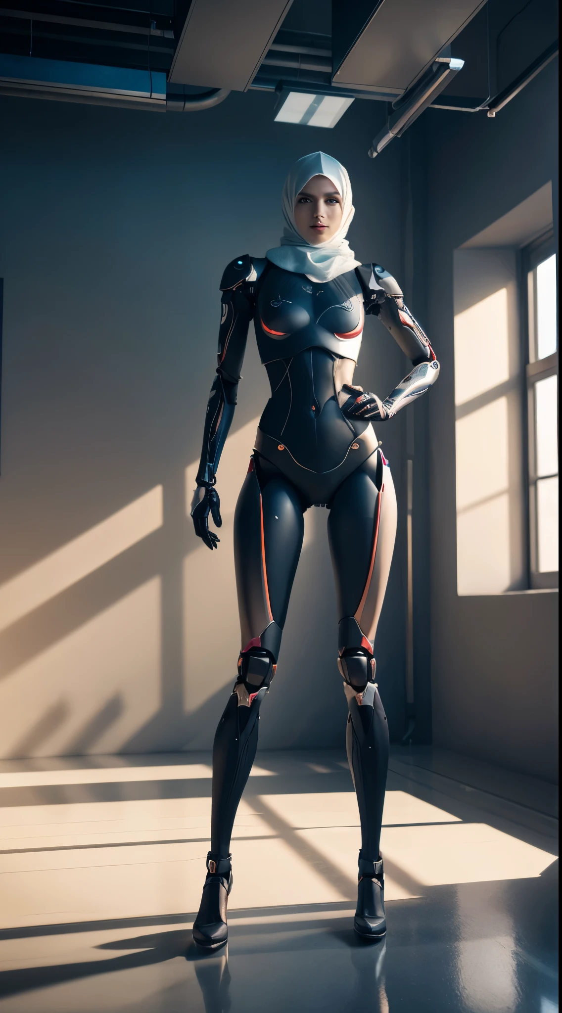 womanized humanoid robot made of steel, wearing hijab, beautiful face, anatomically correct, cyborg, cyborg limbs, long leg, full metal, unreal engine, ray tracing, 8 k, uhd, ultrarealistic, highly detailed in the style of omni magazine, digital art, dramatic lighting, octane render