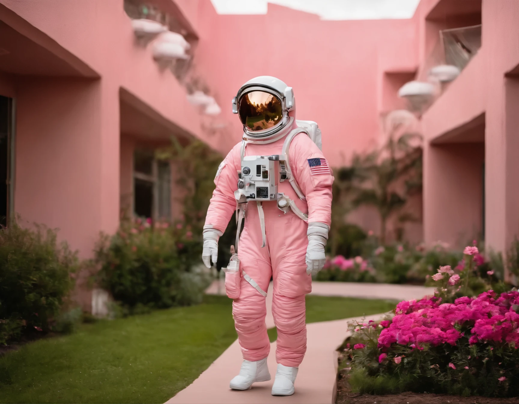 Picture an astronaut walking around in a housing complex decorated with soft shades of pink. The astronaut is wearing a realistic space suit, complete with helmet and oxygen tank, but looks comfortable and relaxed in this unusual environment. Around it, there are houses with pink paint, colorful ornamental plants, and sparkling lights that create a magical and imaginative atmosphere within the housing complex.