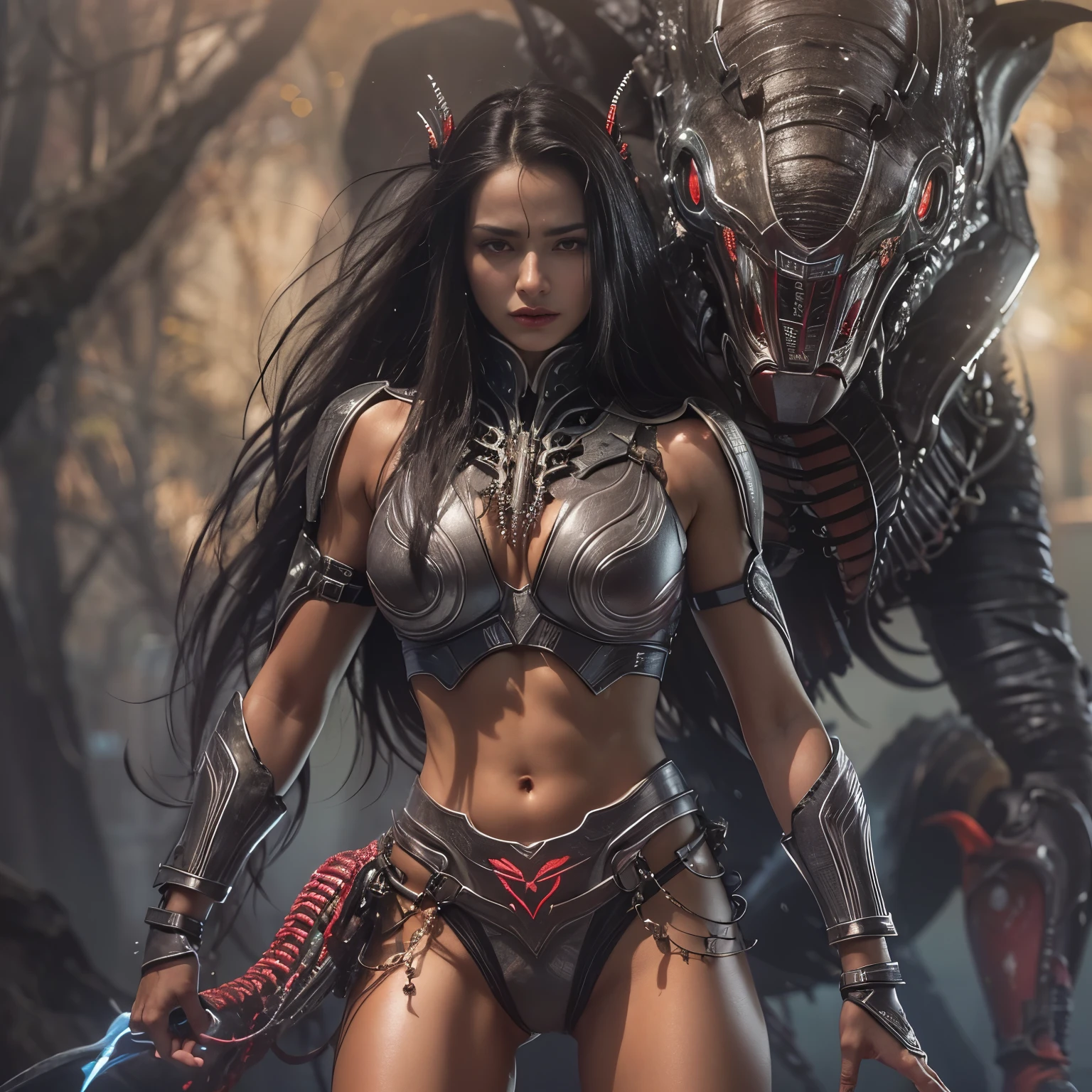 1 female alien, The predator, warrior, (extremely beautiful:1.2), (intense gaze:1.6), (predator:1.6), long dark claws, NSFW, nipples, thick eyebrows, glowing and shining iridescent eyes, the most beautiful face in the universe, ((There is a female genital-like organ in the middle of her forehead:1.1)),
A woman with an extremely beautiful face, her intense gaze fixed on her prey, a primal force that could not be denied.
(extreamly beautiful lean body:1.5), (ultra muscular build:1.2), (prowling:1.3), (sleek movements:1.4),
Her beautiful body, muscular and toned, moved with sleek grace as she prowled, ready to strike at a moment's notice. The predator within her was always on
