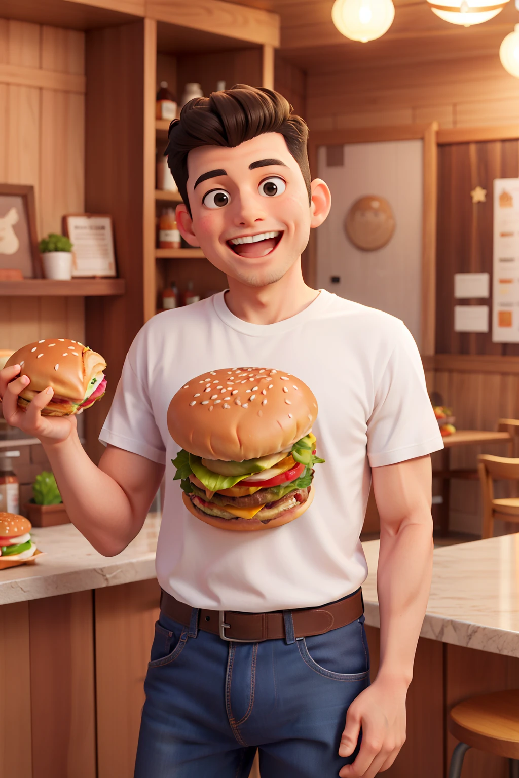masterpiece, highest quality,man,t-shirt,smile,Laughter,blackhair,40s,no beard,hamburger shop