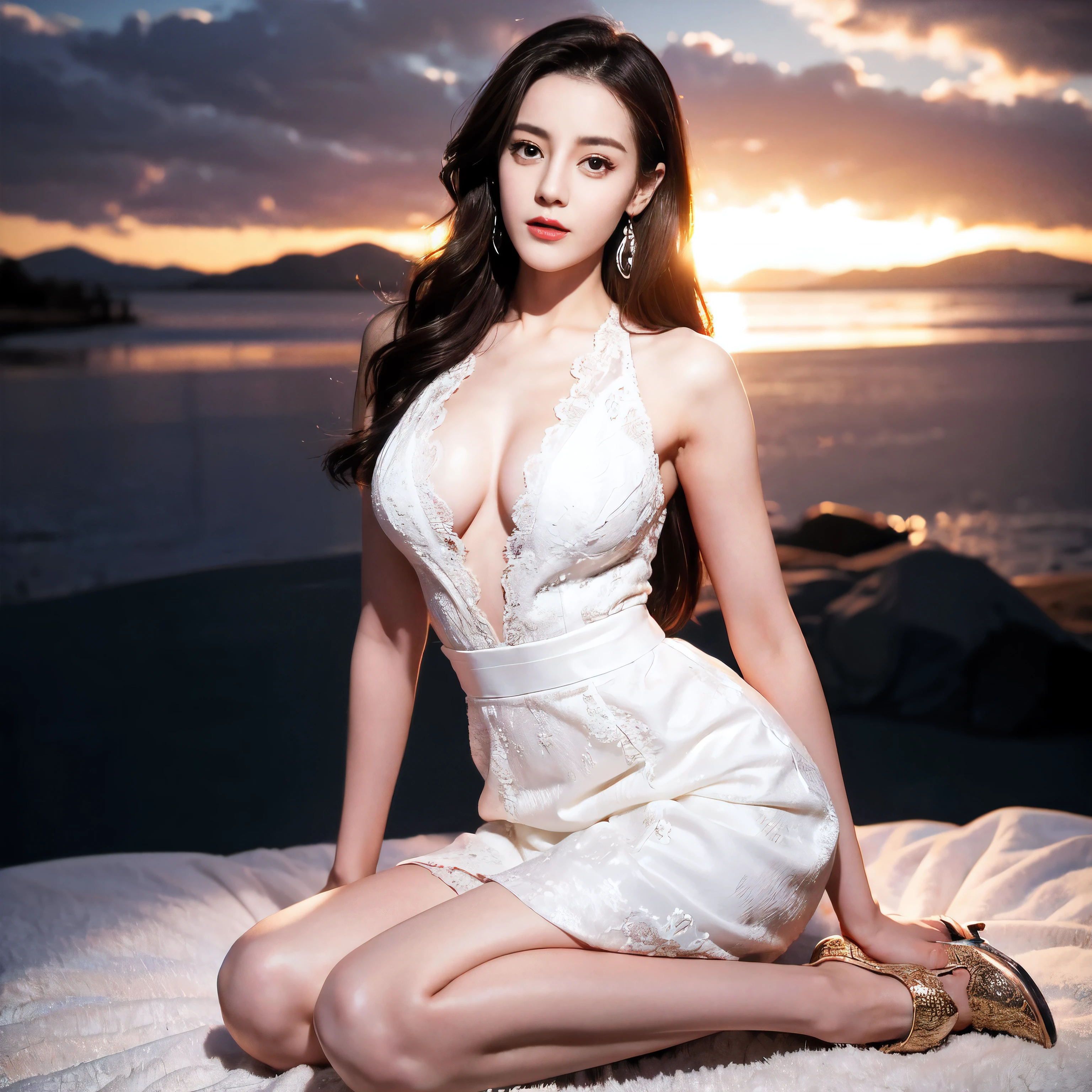 ((top quality、8k、Masterpiece:1.3))、Extremely delicate and beautiful girl,full-body shot,huge breasts,bigger breasts,amazing breast size,H cup,long skirt,Sunset,Sunset。Wear big earrings,Very white skin,moist red lips,Waist is very thin,Thighs are very thin,big butt,Reveal a little,with fair and smooth skin,Smooth and fair skin,flawless skin,Fair and shiny skin,cold white skin,The camera focuses on the chest,Bright light