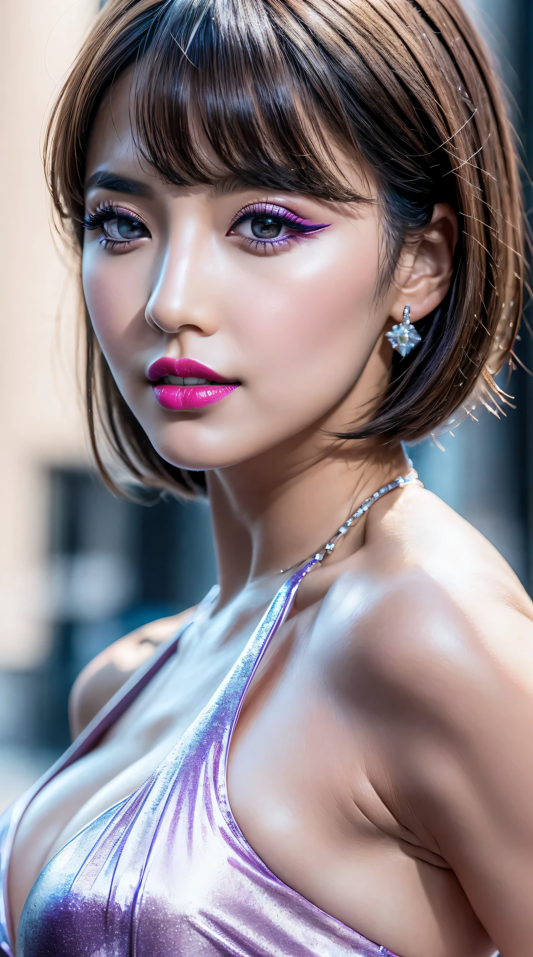 (ultra-detailed primetime portraits)、 ((Ultra-realistic最high quality、 8K、 The ultra -The high-definition))、(beautiful face:1.6)、(detailed face:1.6)、(detailed eyes:1.45)、(detailed lips:1.3)、(Detailed nose:1.2)、1girl:1.3 22years old、fashion supermodel、real:1.5、photorealistic:1.5、very delicate and beautiful、masterpiece, ((absurdres))、 ((sharp fous))、(Glamour, paparazzi taking pictures of her)、 (light dark short hair、extremely detailed)、 contrast、 (dark shot:1.04)、 Long blue_eyelashes:1.25、 (dark_eyeshadows:1.3)、 (red_lipstick:1.24)、((perfect round eyes))、 (aqua blue_eyes:1.15)、 purple_makeup:1.12、(matte skin:1.3)、