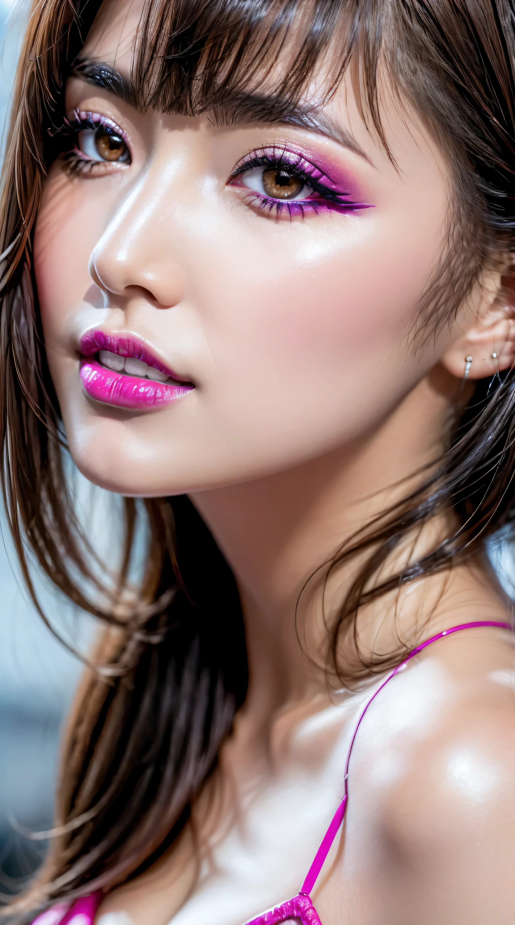 (ultra-detailed primetime portraits)、 ((Ultra-realistic最high quality、 8K、 The ultra -The high-definition))、(beautiful face:1.6)、(detailed face:1.6)、(detailed eyes:1.45)、(detailed lips:1.3)、(Detailed nose:1.2)、1girl:1.3 22years old、fashion supermodel、real:1.5、photorealistic:1.5、very delicate and beautiful、masterpiece, ((absurdres))、 ((sharp fous))、(Glamour, paparazzi taking pictures of her)、 (light dark short hair、extremely detailed)、 contrast、 (dark shot:1.04)、 Long blue_eyelashes:1.25、 (dark_eyeshadows:1.3)、 (red_lipstick:1.24)、((perfect round eyes))、 (aqua blue_eyes:1.15)、 purple_makeup:1.12、(matte skin:1.3)、