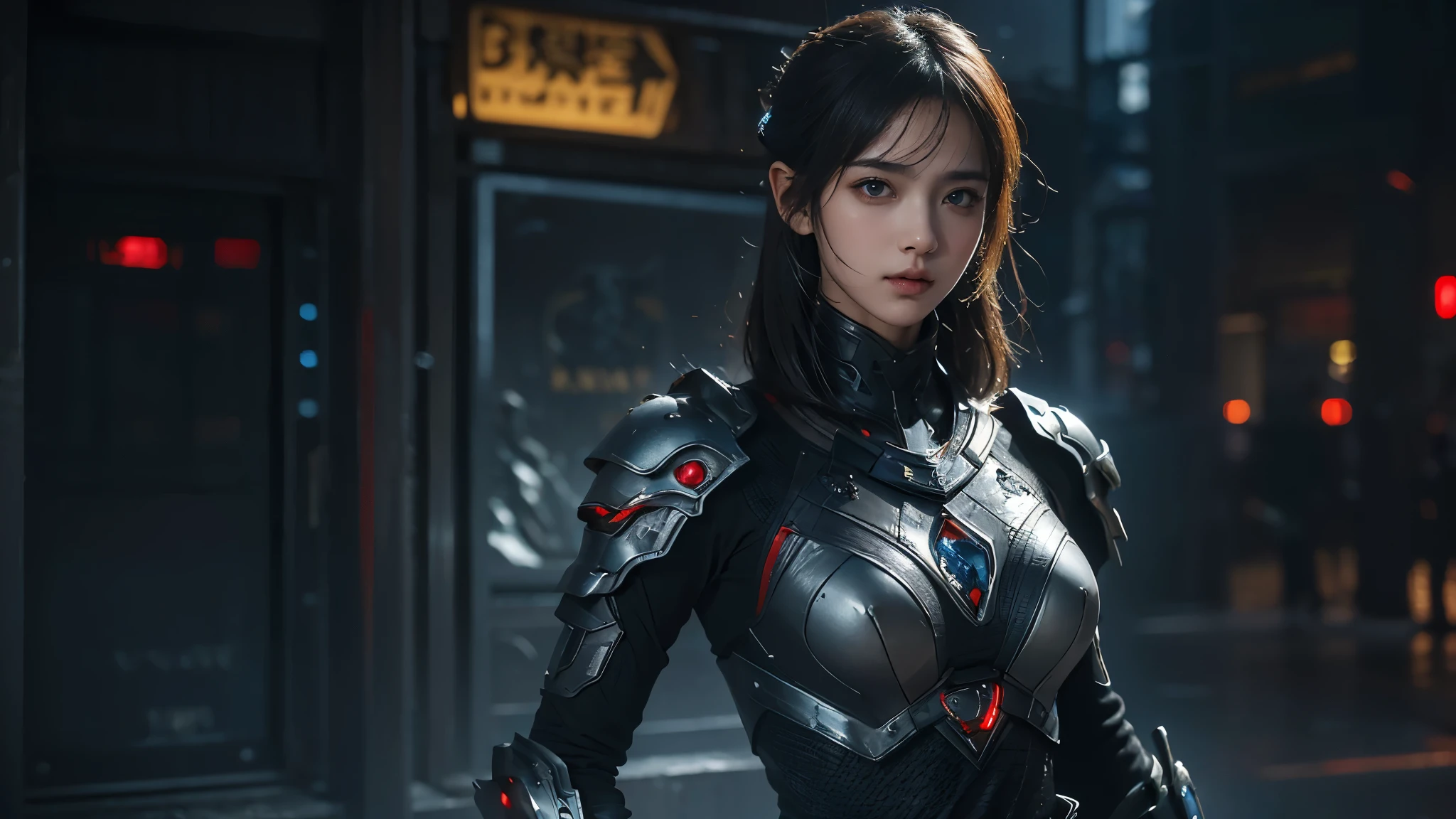 masterpiece,best quality,high resolution,8k,(portrait photo:1.5),(R original photo),real picture,digital photography,(Combination of cyberpunk and fantasy style),(female soldier),20 year old girl,Random hairstyle,through bangs,(red eye breasts, Accessories,Keep your mouth shut,Elegant and charming,Serious and arrogant,Calm and handsome,(Cyberpunk combined with fantasy style clothing,hollow-carved design,joint armor,Fight to expose your belly button,photo poses,Realistic style,gray world background,oc render reflection texture