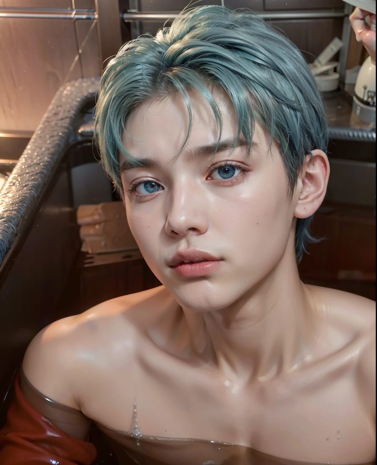 Arafed man with blue hair sitting in a bathtub., cai xukun, largo, el tiene pelos gris oscuro, yanjun chengt, kim doyoung,  de cara delgada, heise jinyao, kanliu666, Inspirado por Bian Shoumin, chen longque, sakimichan, pelo plateado