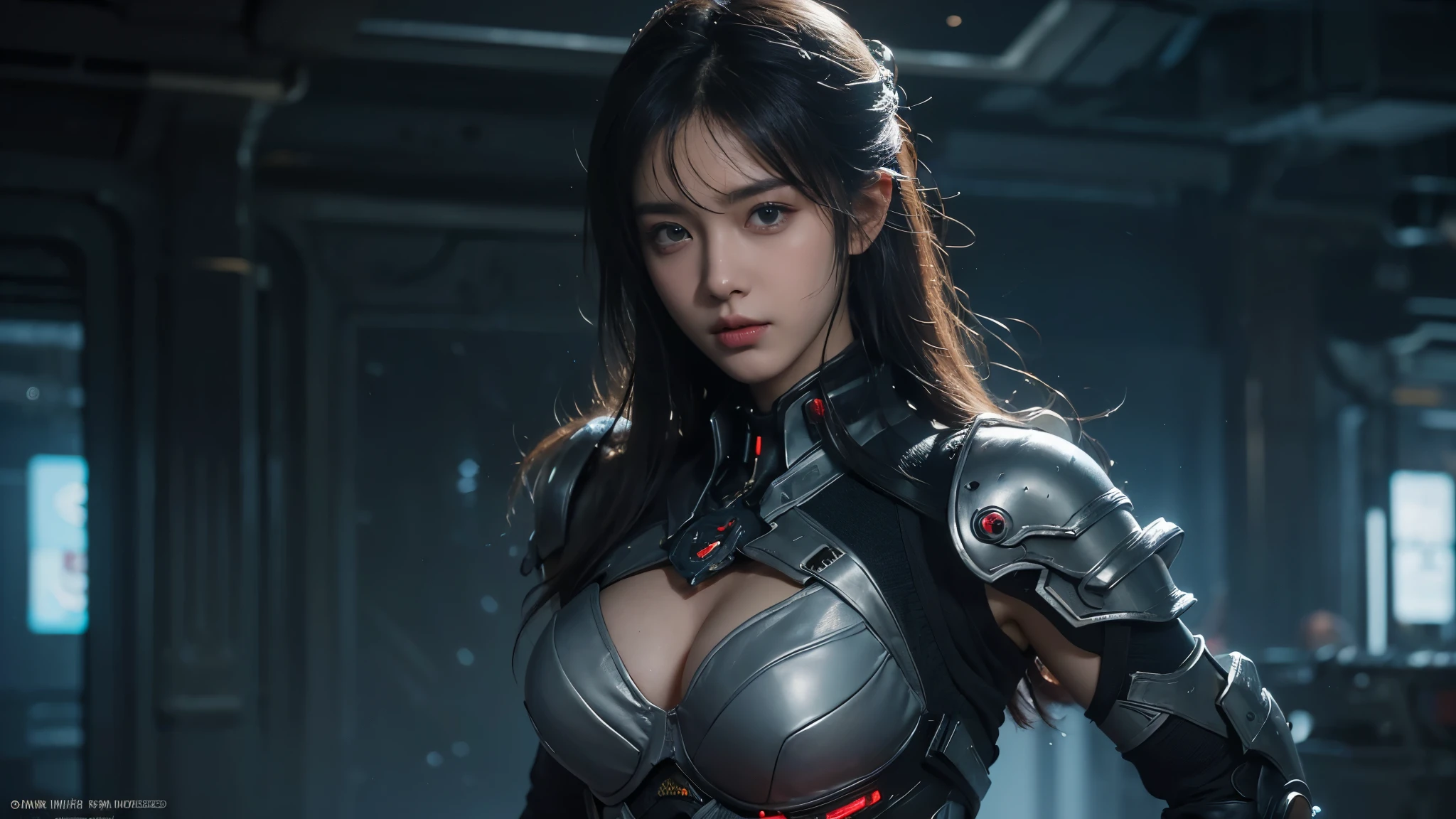 (1 female)、Highest quality、masterpiece、Ultra-high resolution、(Photographic realism:1.4)、Original photo,Octane Rendering、8k、Ultra Sharp、((Hair Bun)),Extremely detailed CG),(((8k))),wallpaper,((Very sophisticated and beautiful)),(((masterpiece))),(((Highest quality))),(((Ultra-high resolution))),Beautiful lighting，Near futureの武器を持って構えて、窓から見えるNear futureの風景、universe船が飛んでいる、Perfect Lightning,Realistic shadows，Near future、universe、Wearing sunglasses、In a cyber suit、未来のuniverse船、Wide Shot、The chest is visible、Bold、whole body、Focus on the front.Proper body balance,Beautiful Hands,Beautiful fingers,Detailed functions of the fingers,Serious look,