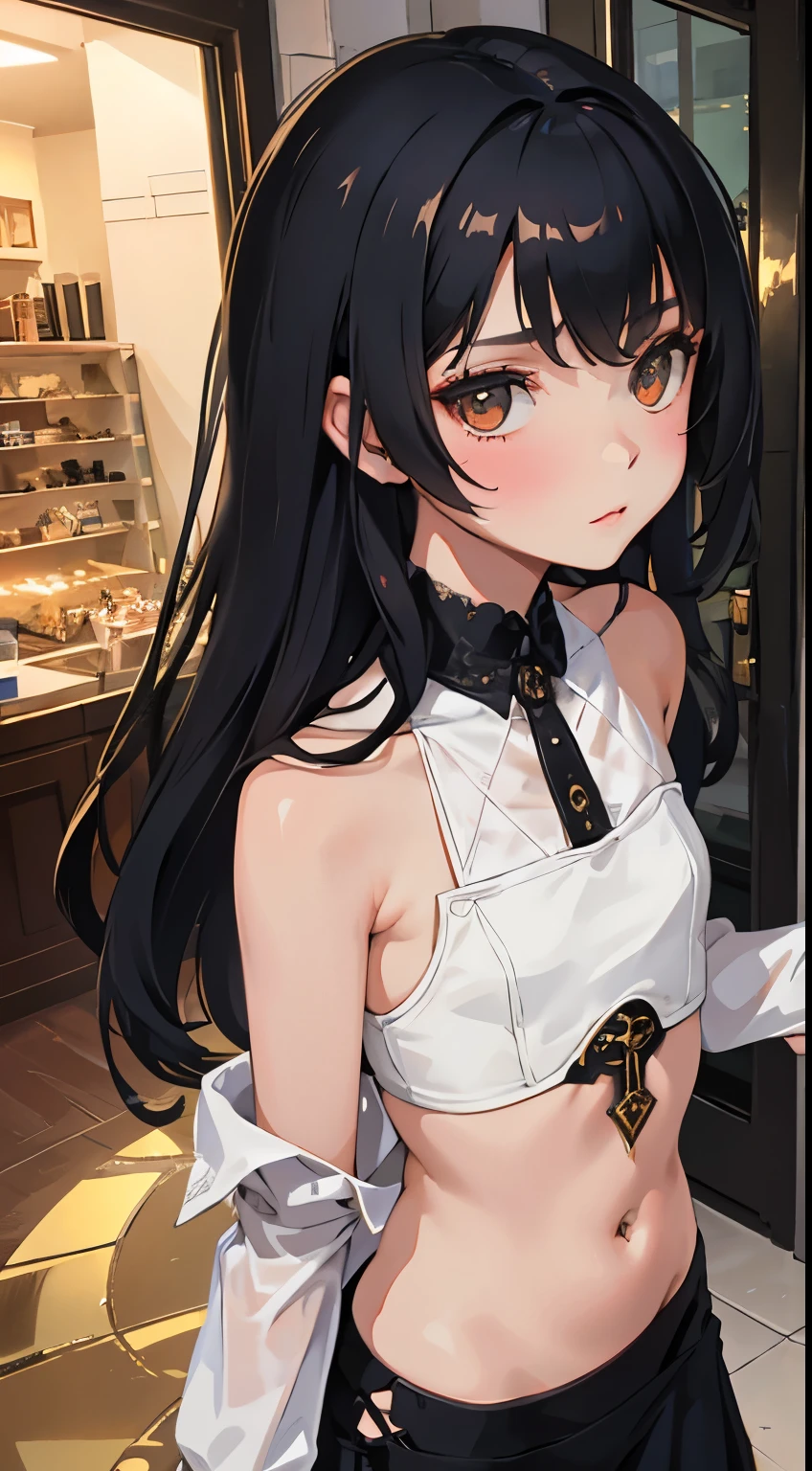 (short cute girl, young studeg delicate girl),(masterpiece,Top quality),crop top look,steampunk,long black hair