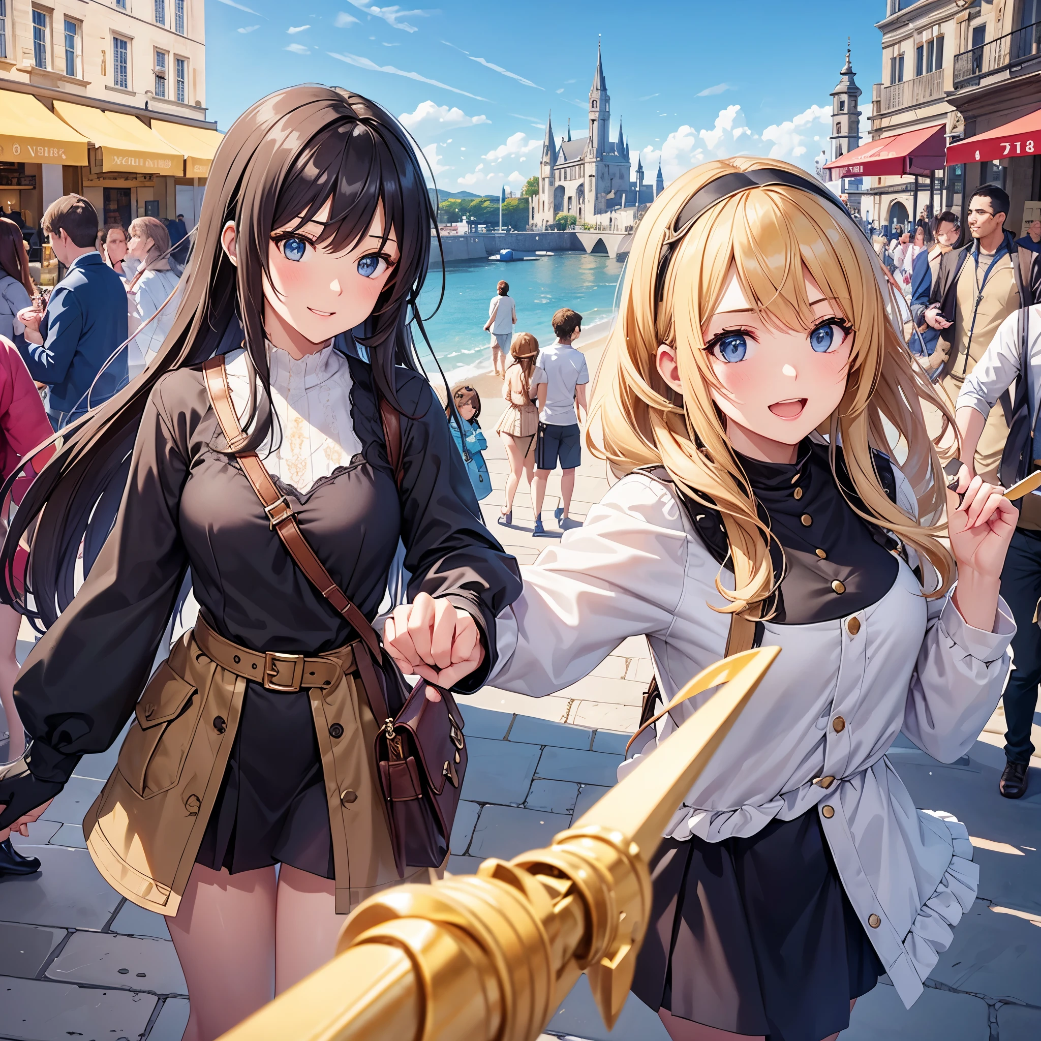 The heroine,Modern casual wear,Excited to suggest watching the sea,Handheld selfie stick,Close-ups show intense expressions,Some gentlemen boys,The right to choose,Ancient European city street background,Market stalls,antique handicrafts,sunshine stone road,medieval architecture,ancient castle,With a hint《time traveler》romantic encounter