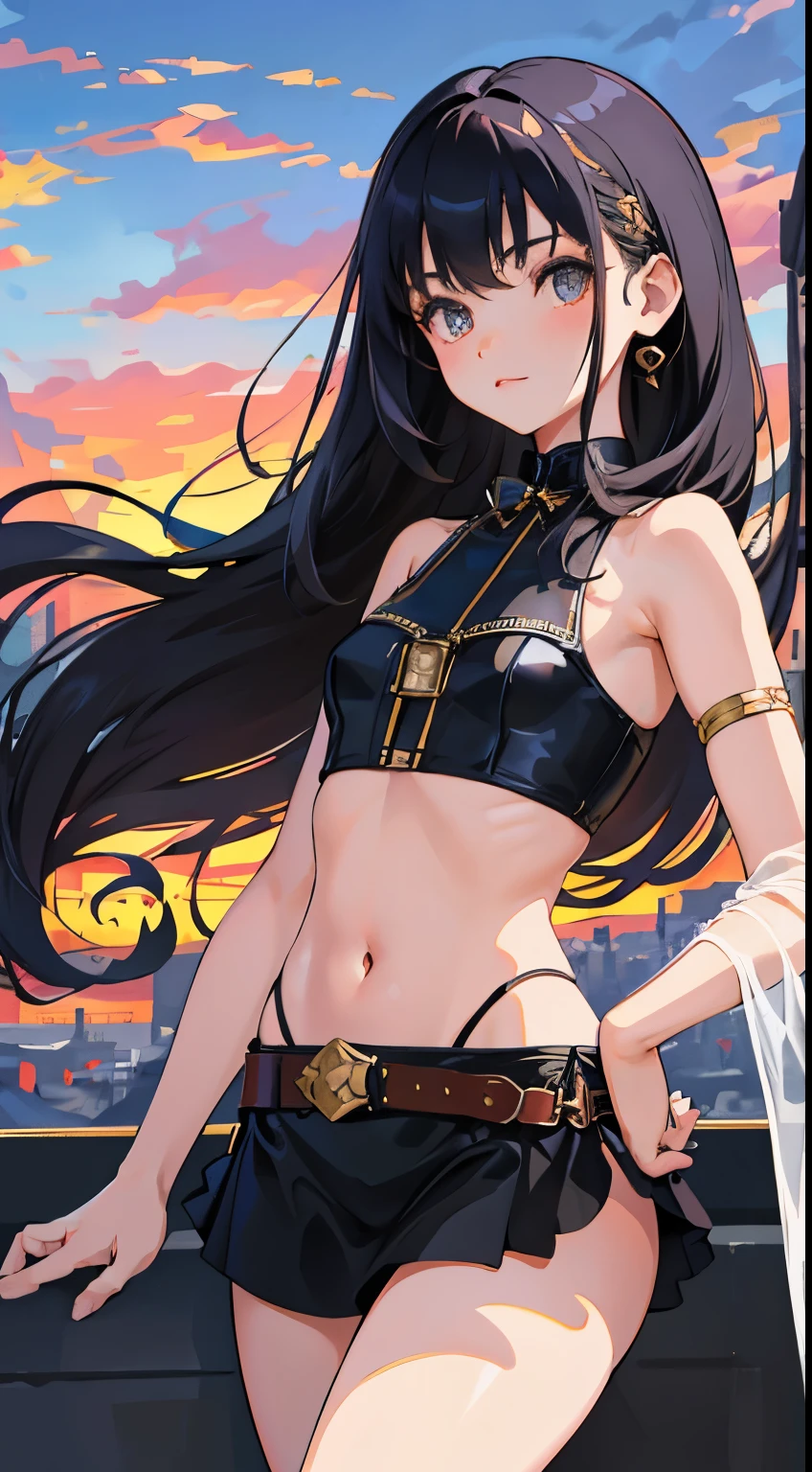 (short cute girl, young studeg delicate girl),(masterpiece,Top quality),crop top look,steampunk,long black hair