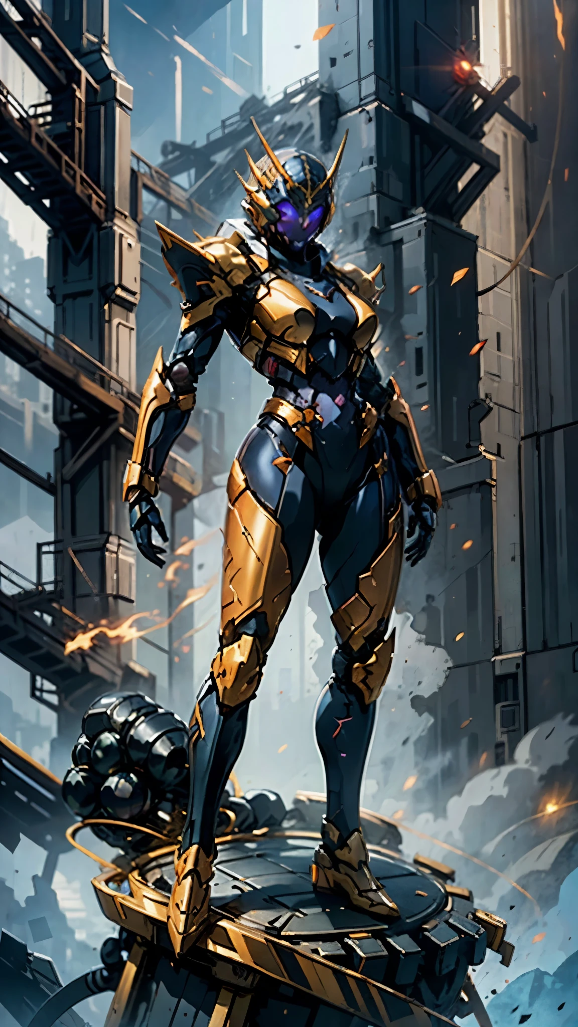 A woman adorned in fantasy-style full-body armor, a crown-concept fully enclosed helmet that unveils only her eyes, a composite layered chest plate, fully encompassing shoulder and hand guards, a lightweight waist armor, form-fitting shin guards, the overall design is heavy-duty yet flexible, (the armor gleams with a golden glow, complemented by red and blue accents), exhibiting a noble aura, she floats above a fantasy-surreal high-tech city, this character embodies a finely crafted fantasy-surreal style armored hero in anime style, exquisite and mature manga art style, (mixture of Queen bee and Spider concept Armor, plasma), ((Element, elegant, goddess, femminine:1.5)), metallic, high definition, best quality, highres, ultra-detailed, ultra-fine painting, extremely delicate, professional, anatomically correct, symmetrical face, extremely detailed eyes and face, high quality eyes, creativity, RAW photo, UHD, 32k, Natural light, cinematic lighting, masterpiece-anatomy-perfect, masterpiece:1.5