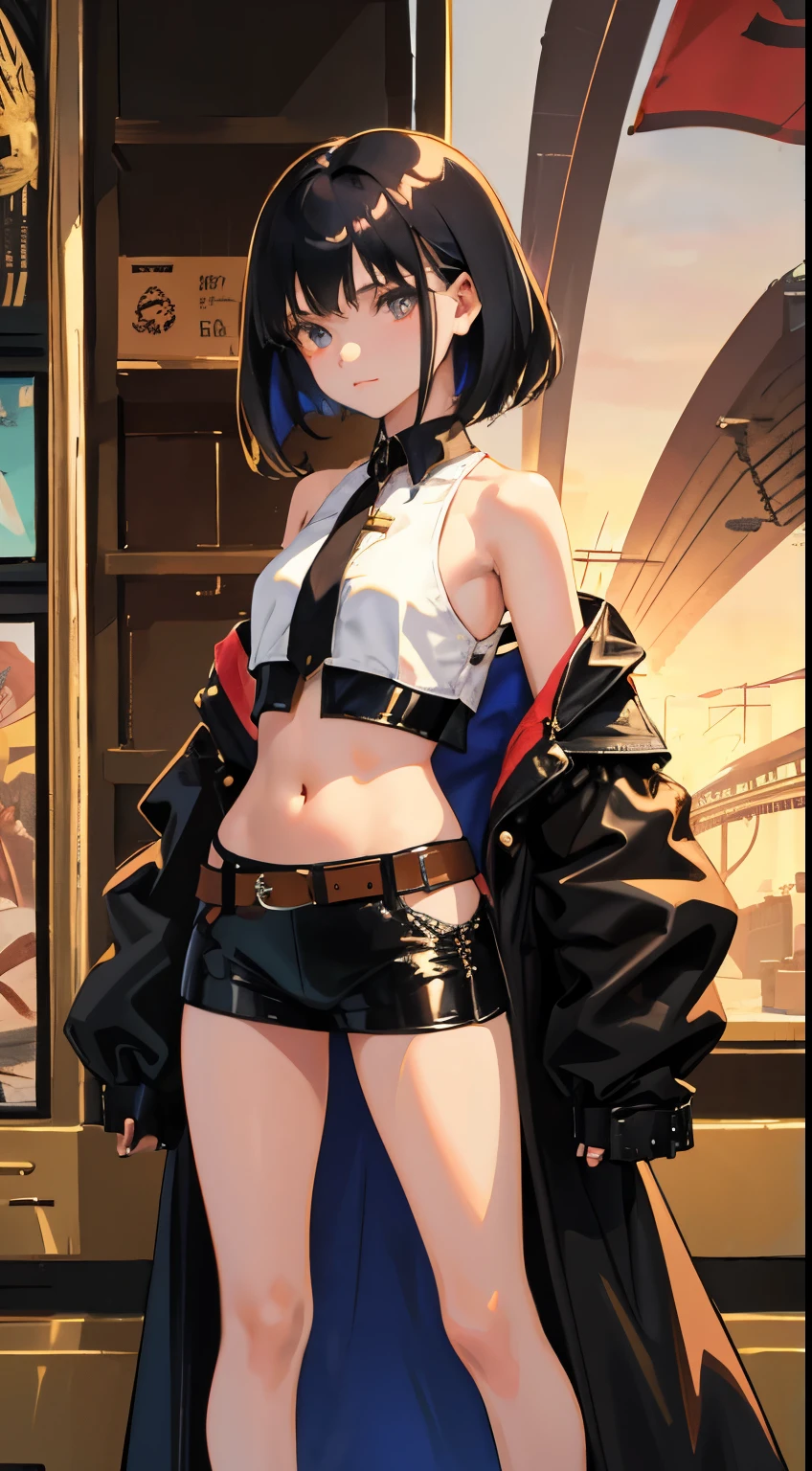 (short cute girl， young studeg delicate girl）,（masterpiece，Top quality)，crop top look，steampunk，long black hair