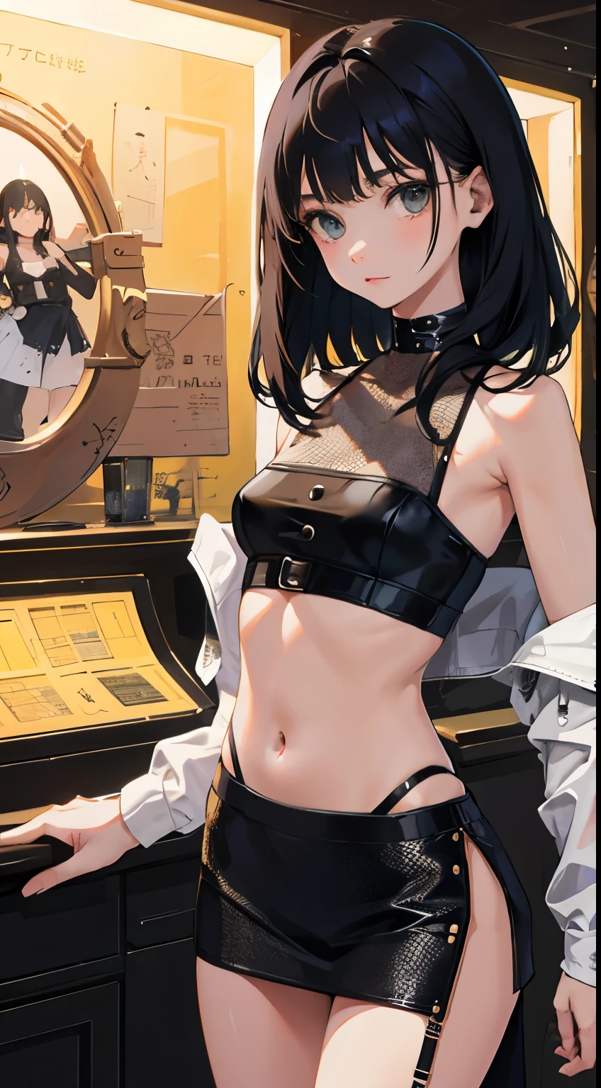 (short cute girl， young studeg delicate girl）,（masterpiece，Top quality)，crop top look，steampunk，long black hair