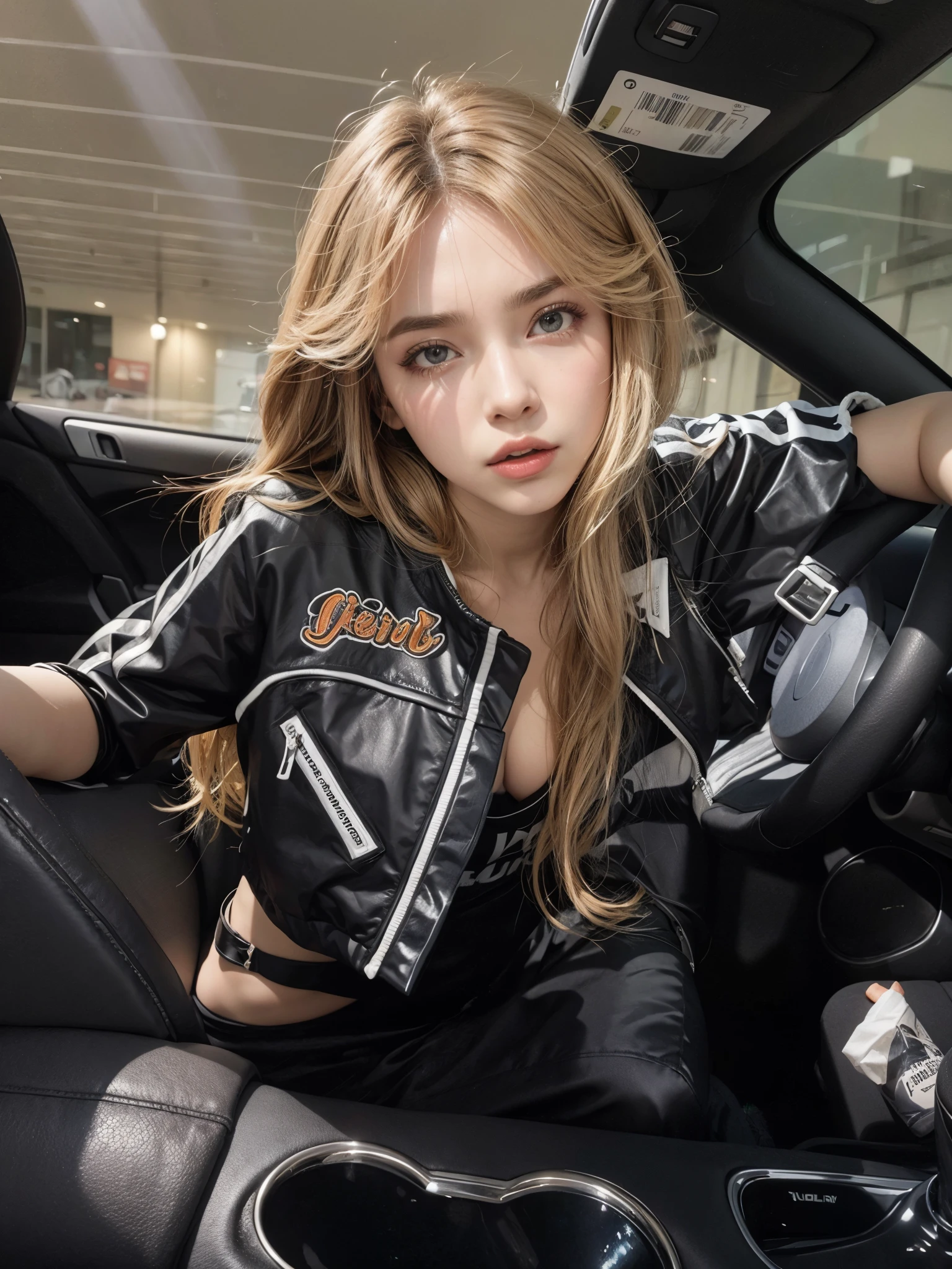 mulher em uma jaqueta de couro sentada em um carro, retrato de Kim Petras, sentada no carro dela, ela usa jaqueta de couro, roupas de couro, sakimichan frank franzzeta, Ava Max, vestido com jaqueta de couro, roupa de couro, vestindo uma roupa completa de couro, she is wearing streetwear, estilo de julia razumova, sentado em uma motocicleta