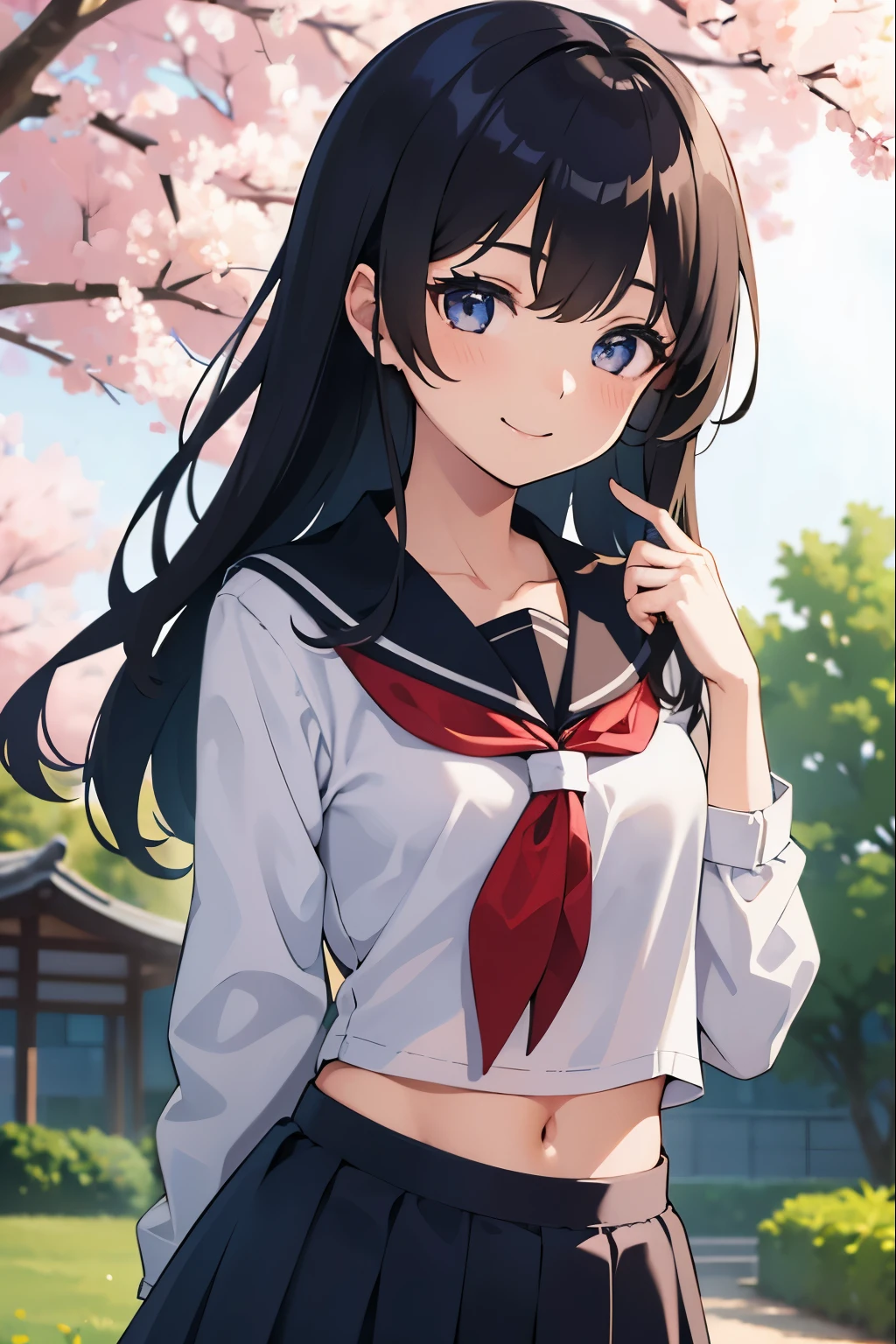 1girl in、A smile、The shirt、skirt by the、()Chilarism、Japan High School Student Uniform、serafuku、summer clothing、Upper body portrait、small arm lift, beautiful eyes, long sleeves, shirt lift, small navel expose