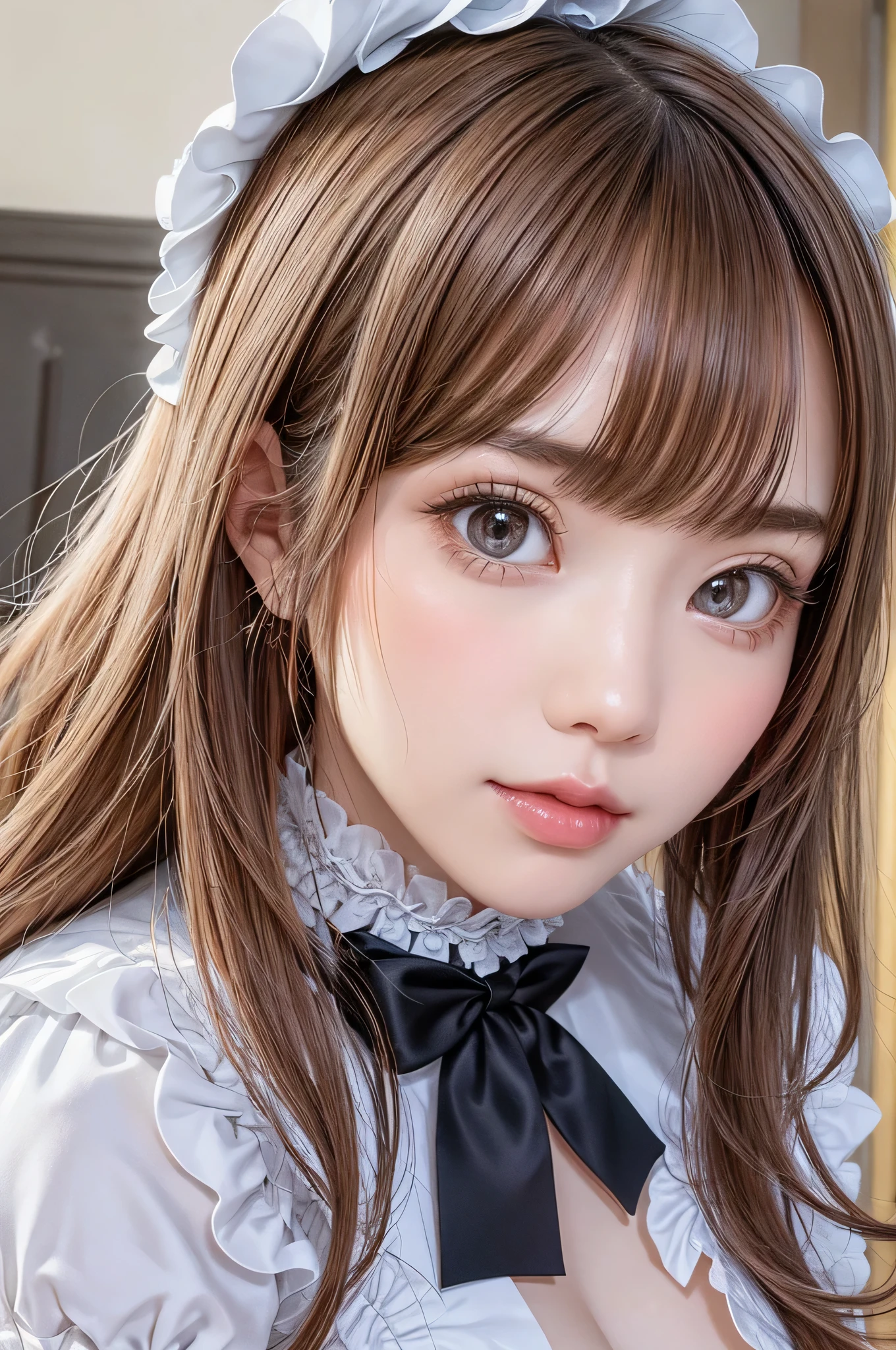 Beautiful white and shining skin、Chestnut hair that changes depending on the light、Long bangs between the eyes that obstruct the view、Cheek gloss highlights、Sexy and very beautiful nice gorgeous face、the most beautiful face in the world、short bob、Smooth straight hair、big breasts、beautiful breasts、cleavage、Big and bright eyes、beautiful bangs、Beautiful and beautiful woman。small face beauty、headdress、white blouse、black ribbon、puff sleeves、collar、choker、white apron with fine frills、black maid costume、Upper body、