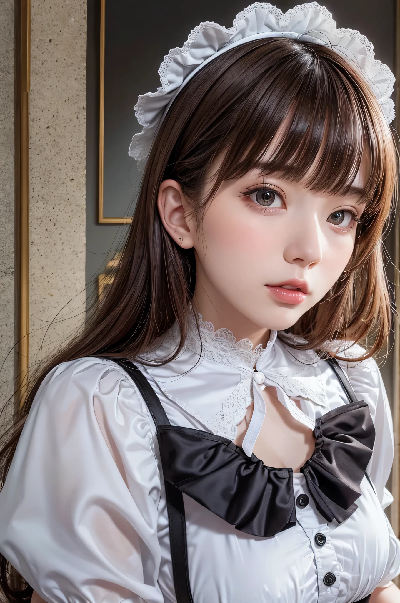 Beautiful white and shining skin、Chestnut hair that changes depending on the light、Long bangs between the eyes that obstruct the view、Cheek gloss highlights、Sexy and very beautiful nice gorgeous face、the most beautiful face in the world、short bob、Smooth straight hair、big breasts、beautiful breasts、cleavage、Big and bright eyes、beautiful bangs、Beautiful and beautiful woman。small face beauty、headdress、white blouse、black ribbon、puff sleeves、collar、choker、white apron with fine frills、black maid costume、Upper body、