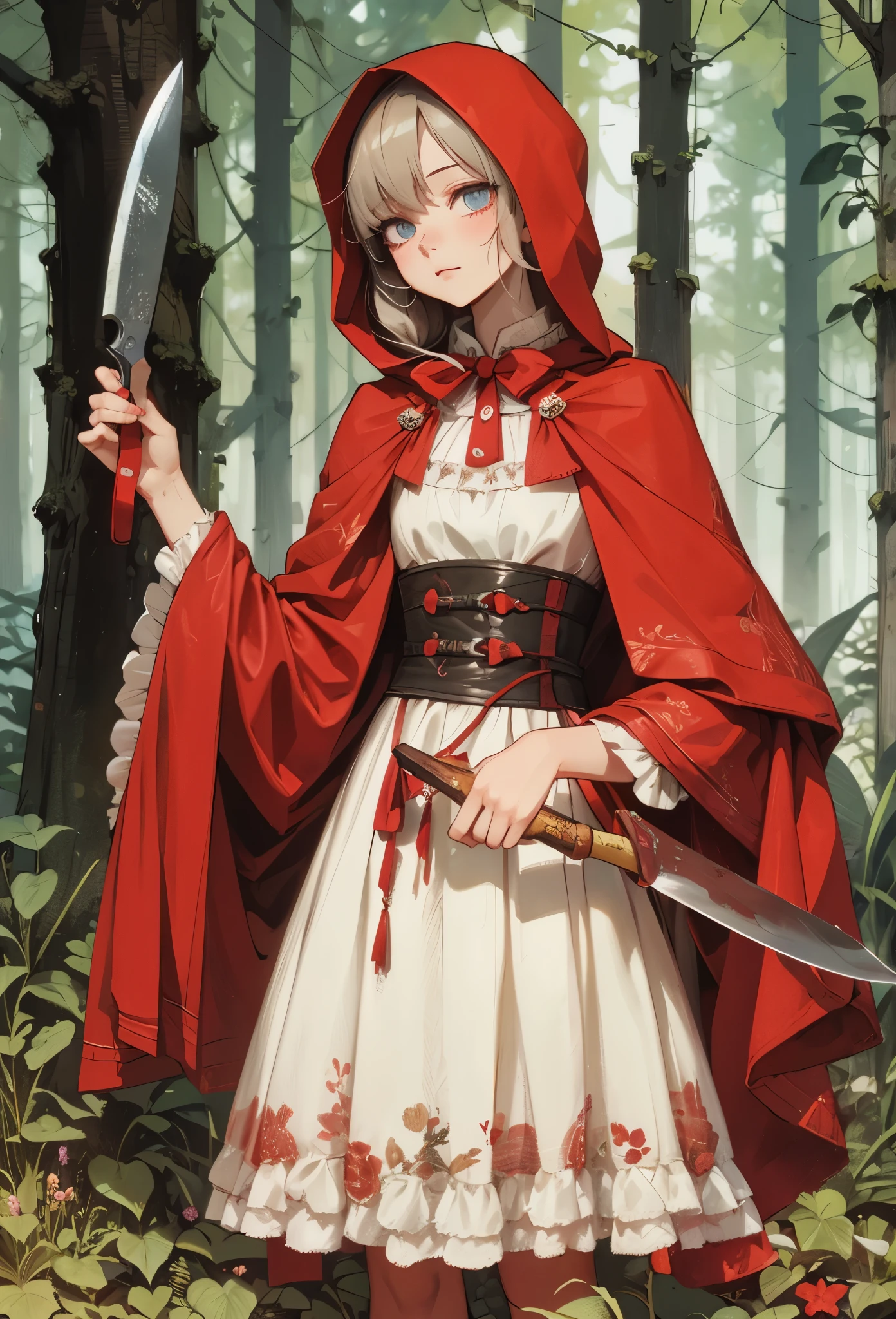 ((Highly accurate drawing in every detail)Extremely precise depiction)[High resolution],(detailed illustrations,とてもfineで緻密な描画,Delicate drawn lines with tempo,Realistic texture expression),[color traced main line],[deep nordic forest],((irish girl) Beauty 13 years old) [braided hair] Medium build, medium height,((little red riding hood)apron dress[(frills) ribbon]) [Meat cleaver],gravure[[bizarre atmosphere]gothic horror],(Fine and beautiful skin expression [transparency]),((Precisely drawn eyes))[完璧な目のdetailed((Beautiful eyes like jewels)Iris drawn in precise detail)[clearly drawn pupils]],[eye light[Pinpoint lighting for the eyes]],[long and beautiful eyelashes],[precisely drawn hair [美しく艷やかな髪のdetailed]],(完璧な手のdetailed [Beautiful fingers with no damage [beautiful nails]]),(perfect anatomy(perfectly balanced proportions))[[full body portrait]],[ideal color coordination(Accurate simulation of light and material interactions)],([precision detail](detailed,高fine)),[[pale and gentle colors]][Visual art that tells a story] [[natural eros]],((highest quality)fine[[High density drawing]])(4K quality).