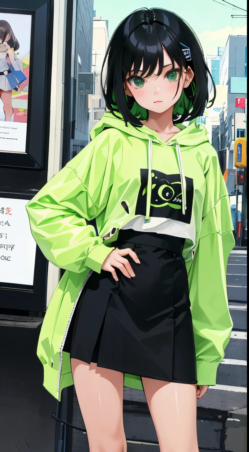 (short cute girl，small young student，young delicate girl）,（masterpiece，Top quality)，Pastel green hoodie，mini skirt，long black hair