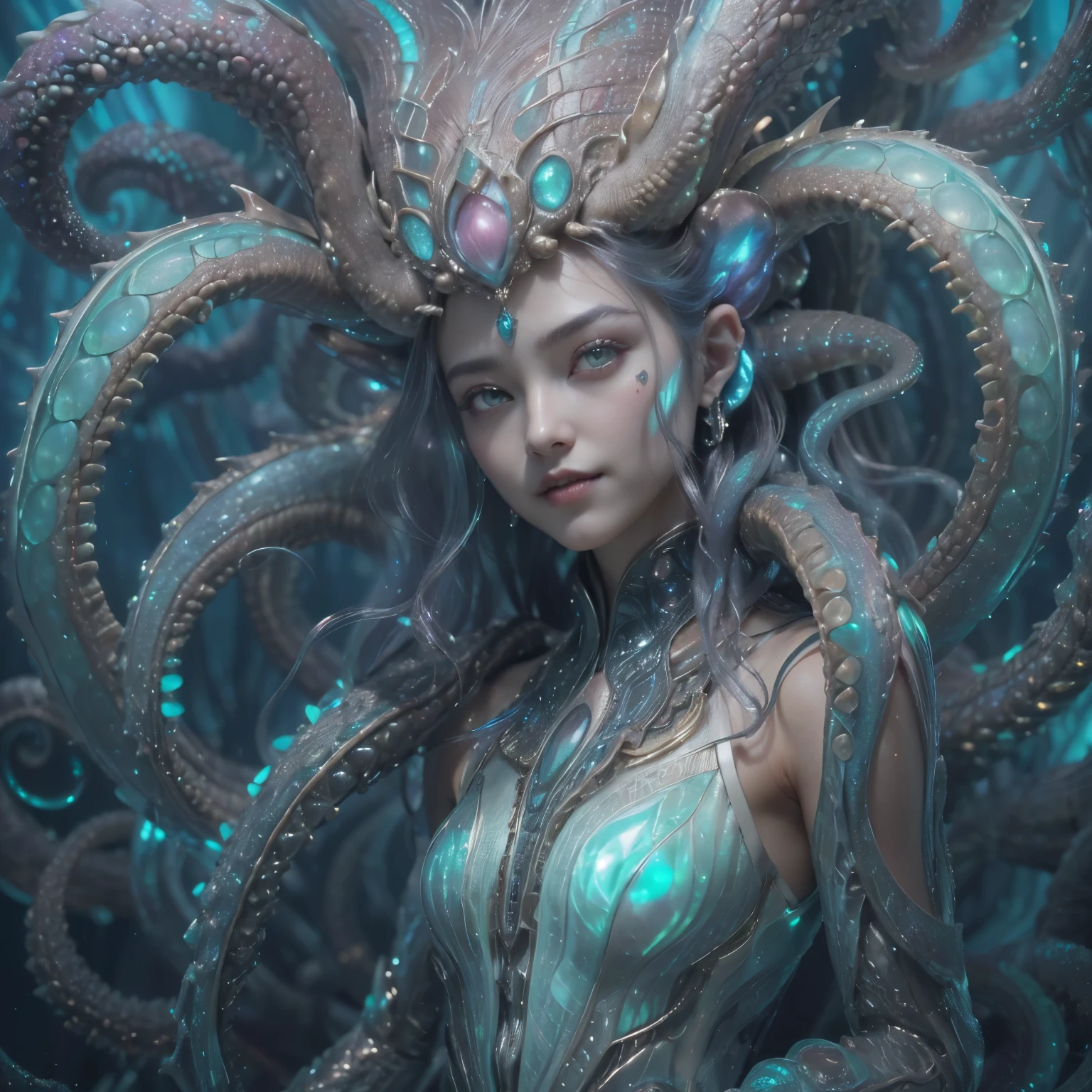 (1 beautiful and obscene female alien:1.4), (There is a female genital-like organ in the middle of her forehead:1.95), She has medusa-like hair, (there are lots of translucent tentacles from her head like her hair:1.5), (vulgarity1.7), (she is looking down at viewers with glowing white eyes with no pupils:1.6), (She has translucent pale skin:1.4),(She has the most beautiful face in the history of the universe:1.2), (She has multiple bioluminescent organs on the side of her tentacles:1.4), (Her body is covered with an iridescent exoskeleton:1.4), (She is showing her arm pits:1.6), an evil gaze that seduces, (looking down at viewers:1.4),(Vampire-like long canine teeth can be glimpsed through the gap between the cute lips:1.4) (bio luminescent:1.4), (Smile wickedly:1.3), (sexypose:1.4), alien, No humans, cells are fused, extraterrestrial, cell, bio image, ultra high resolution, (photos realistic:1.7), (Numerous award-winning masterpieces, with incredible detail, textures and maximum detail), Dramatic Lighting, cinematic quality, (exquisite details:1.2), High freshness, drawing faithfully, (Thick eyebrows:1.2), Beautiful eyes with fine symmetry,(Highly detailed face and eyes:1.2),(Super detailed skin quality feeling:1.4), perfect anatomy, (Beautiful toned body:1.5), (Moist skin:1.2), not wearing makeup, (dark circles:1.1), long canines, cinematic drawing of characters, cinematic quality, (exquisite details:1.2), high resolution, High freshness, drawing faithfully, official art, Unity 8K Wall paper, ultra detailed artistic photography, midnight aura, unreal engine 5, Ultra Sharp Focus, art by MUCHA, art by Amano Yoshitaka, ArtGerm, ultra realistic realism, dream-like, Creation of fantasy, dream Snail, (biopunk nautilus:1.3),Thrilling color schemes, seductively smiling, Amazing mutation, well-proportioned body, goddess of the deep sea, fractal, Geometric pattern, impossible figures, subtle emerald green accents, (expression of ecstasy:1.5)