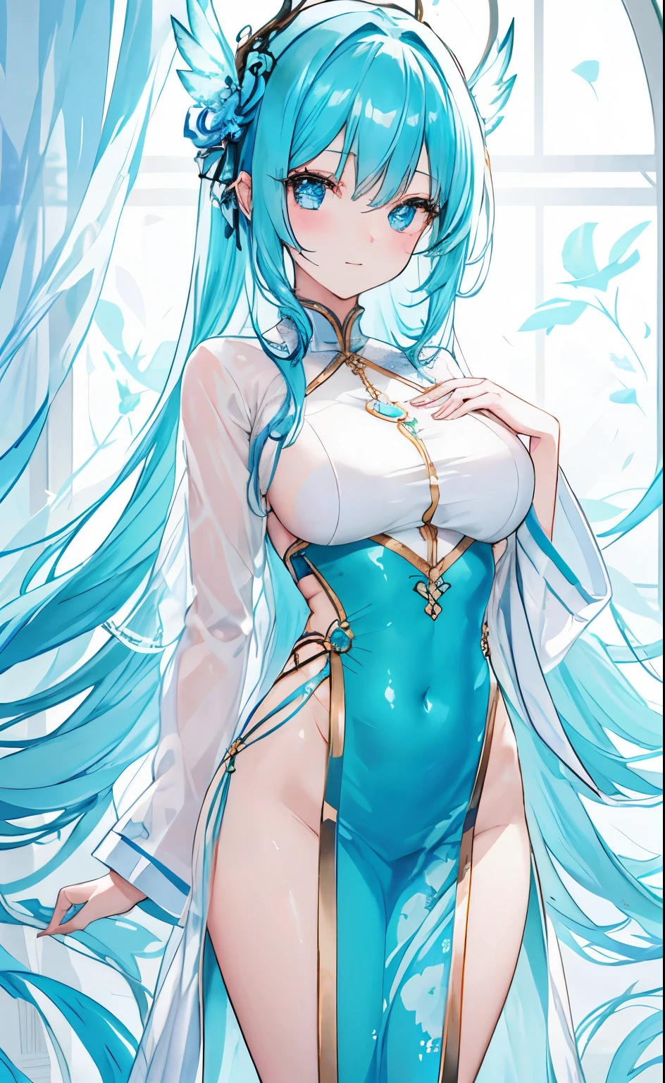 Shiny turquoise hair,bright blue pupils,very stunning,Sweet girl with slender figure,Soft and waxy texture of clothes,long white shirt,There are some blue pattern decorations,Not colored,Make people very happy,Delicate