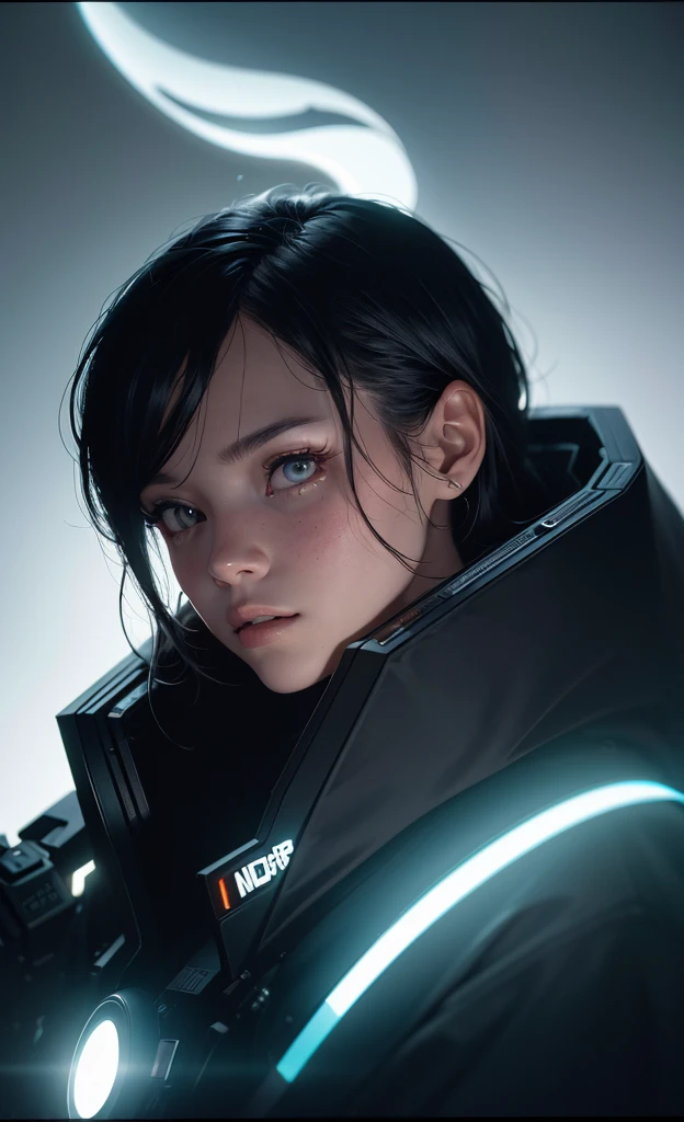 (editorial close-up portrait of cyber ghost), hack, code, cyborg, sci-fi, sharp focus, dof, bokeh, extremely detailed, intricate, realistic, (film grain), cinematic, POV, shot on nikon d850, film stock photograph, 4 kodak portra 400, f1.6 lens, rich colors, hyper realistic, lifelike texture, dramatic lighting, cinestill 800