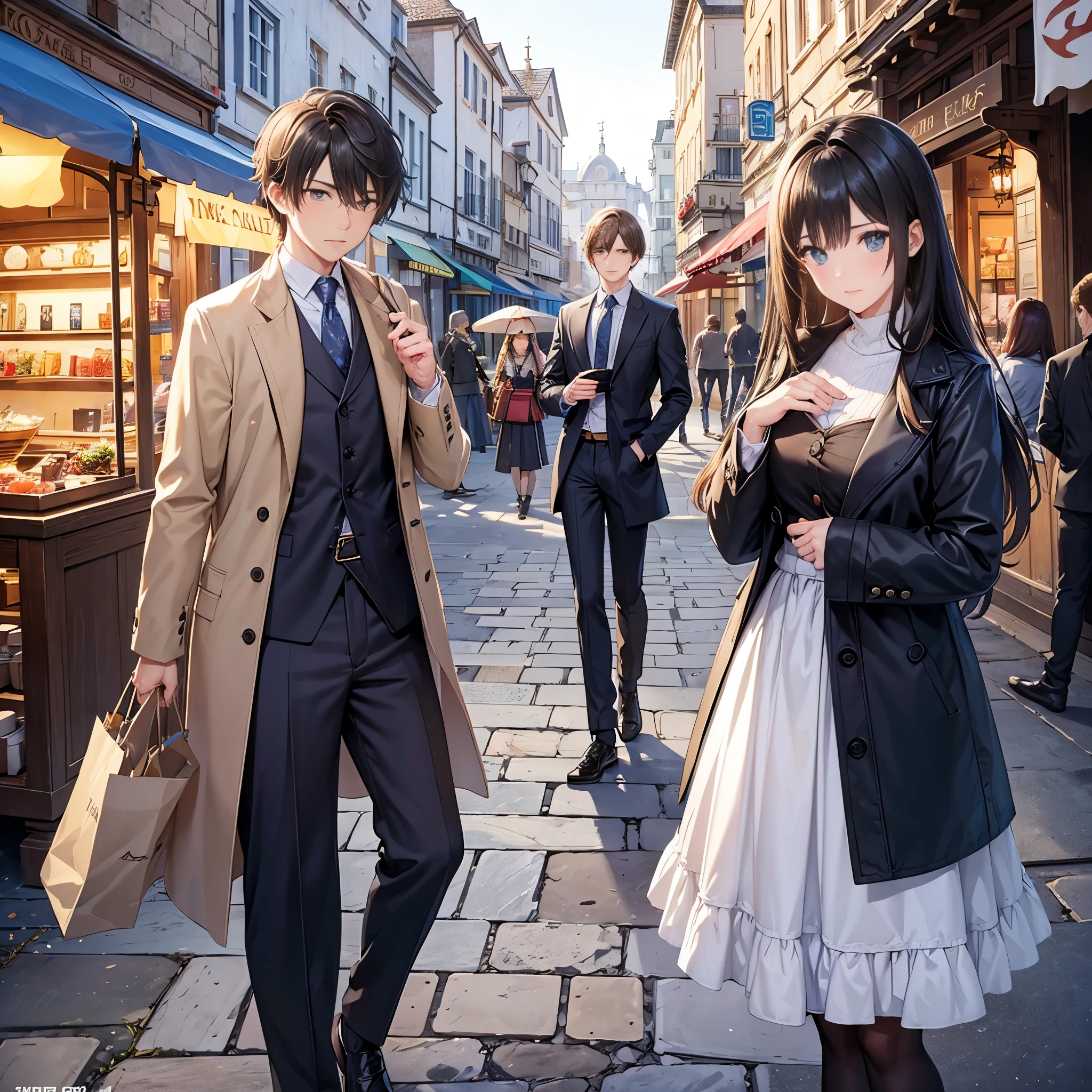 The heroine，Modern casual wear，Proposed to watch the sea，Stubborn and determined expression，Close-ups show intense expressions，Some gentlemen boys，The right to choose，Ancient European city street background，Market stalls，antique handicrafts，sunshine stone road，medieval architecture，ancient castle，With a hint《time traveler》romantic encounter
