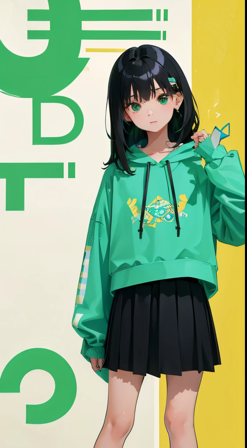 (short cute girl,small young student,young delicate girl),(masterpiece,Top quality),pastel green big hoodie,mini skirt,long black hair