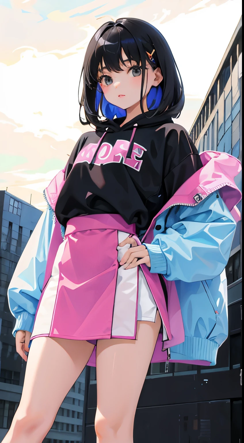 (short cute girl， young studeg delicate girl）,（masterpiece，Top quality)，large pastel hoodie，mini skirt，long black hair