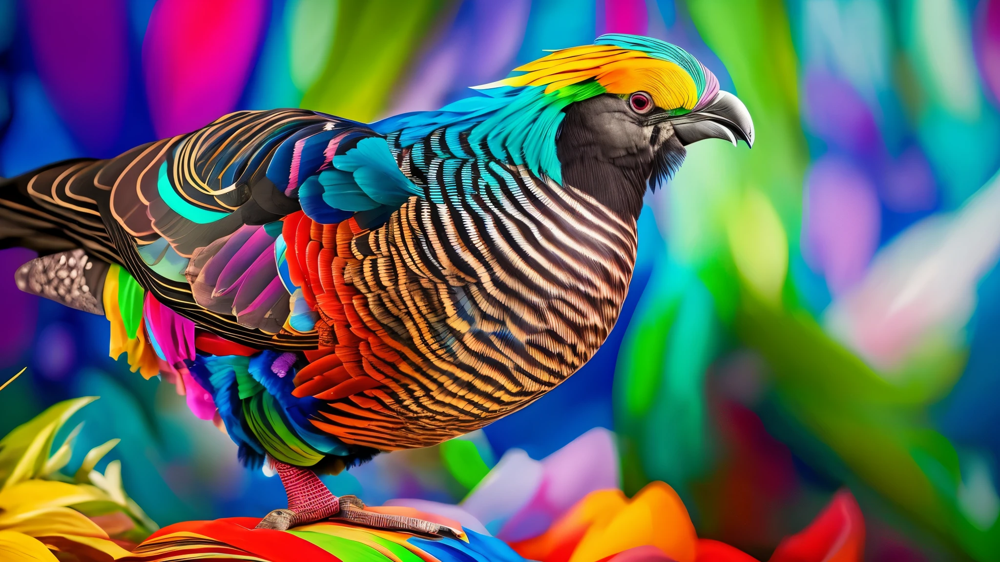 beautiful and colorful Nicobar Pigeon,blurry natural background,detailed feathers,vivid colors,medium:oil painting,ultra-detailed,realistic,sharp focus,highres,studio lighting,bokeh,nonchalant posture