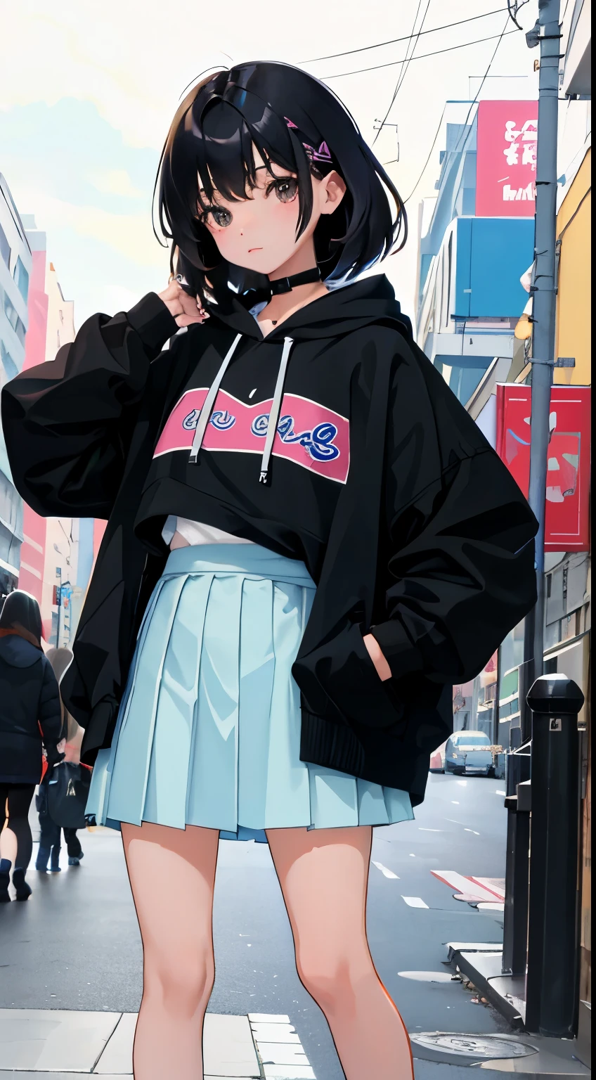 (short cute girl,small young student,young delicate girl),(masterpiece,Top quality),large pastel hoodie,mini skirt,long black hair