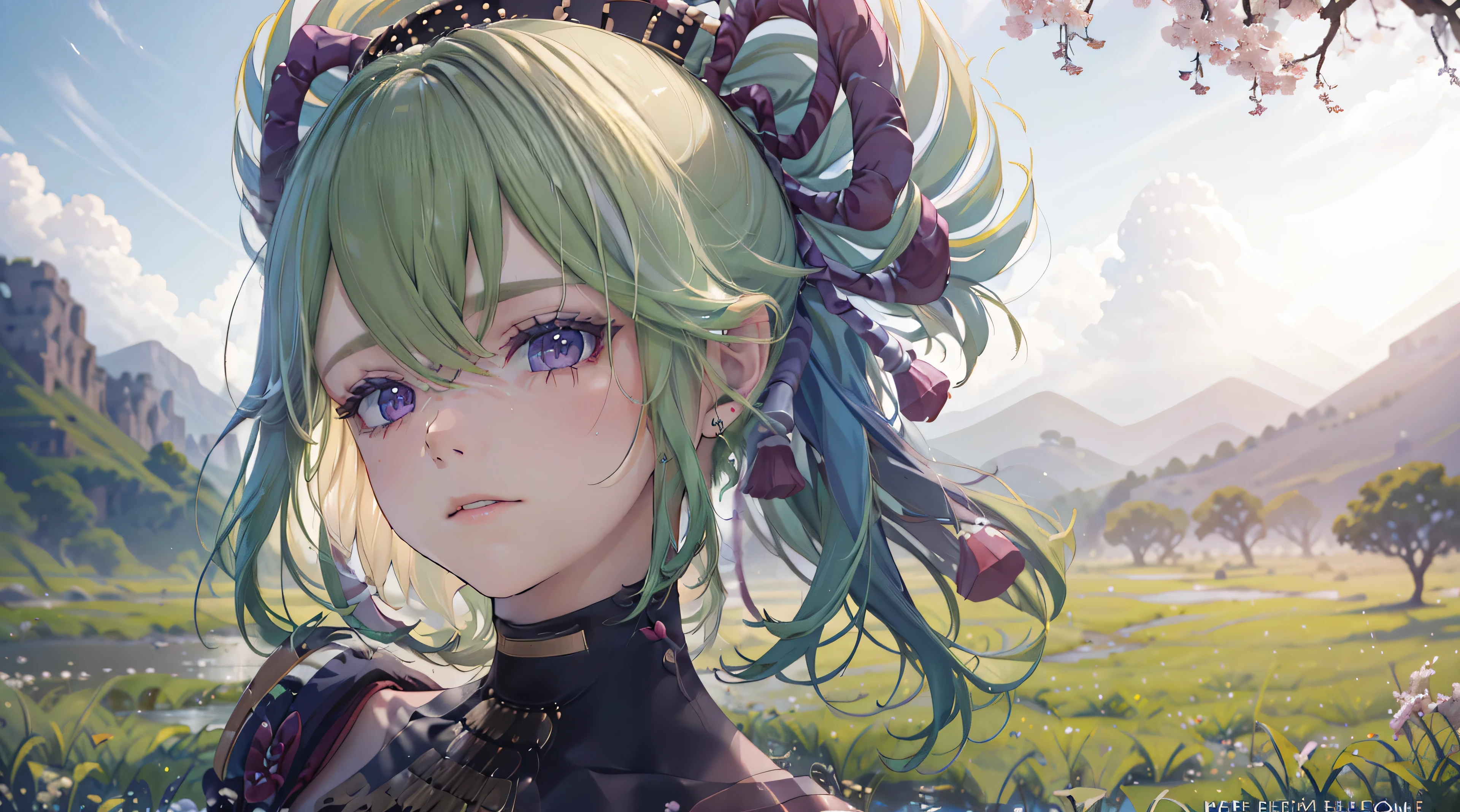(best quality,8k,height,Masterpiece:1.2),(realistic,photorealistic,photo-realistic:1.37), In purple eyes, Classic maid outfit, Traditional Japanese Bakery,Beautifully detailed eyes,happiness,glowing eyes,smile,บรรยากาศquiet,Traditional Japanese clothing,work(best quality,Full range,advert:1.2),bright and warm,Sweet and sleepy,happinessบริบูรณ์,รอยsmileสดใส,cherry tree,quiet,aroma,dreamlike,bright colors,delicate light,Traditional Japanese tea set,Lively atmosphere, The background is an old Japanese town with cherry trees.,