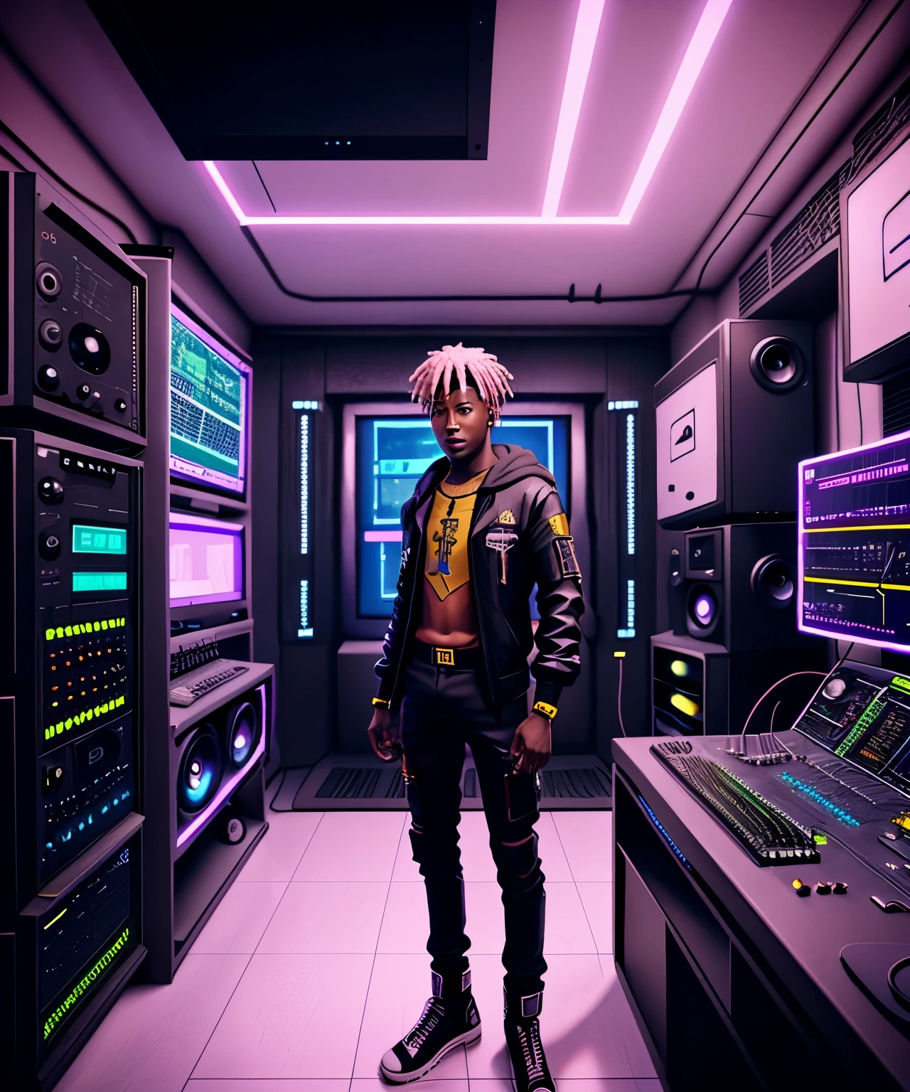 Black boy in cyberpunk music studio