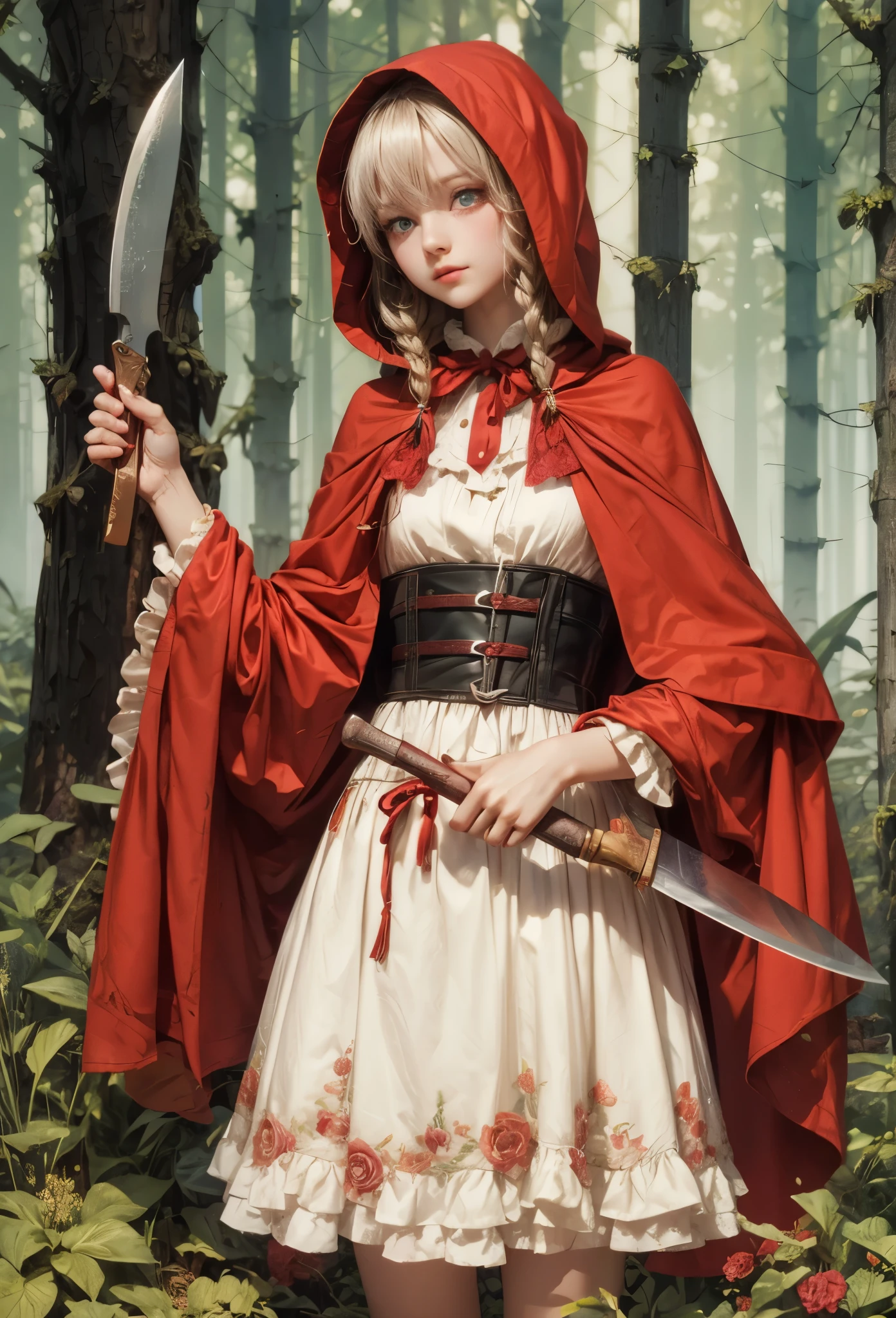 ((Highly accurate drawing in every detail)Extremely precise depiction)[High resolution],(detailed illustrations,とてもfineで緻密な描画,Delicate drawn lines with tempo,Realistic texture expression),[color traced main line],[deep nordic forest],((irish girl) Beauty ) [braided hair] Medium build, medium height,((little red riding hood)apron dress[(frills) ribbon]) [Meat cleaver],gravure[[bizarre atmosphere]gothic horror],(Fine and beautiful skin expression [transparency]),((Precisely drawn eyes))[完璧な目のdetailed((Beautiful eyes like jewels)Iris drawn in precise detail)[clearly drawn pupils]],[eye light[Pinpoint lighting for the eyes]],[long and beautiful eyelashes],[precisely drawn hair [美しく艷やかな髪のdetailed]],(完璧な手のdetailed [Beautiful fingers with no damage [beautiful nails]]),(perfect anatomy(perfectly balanced proportions))[[full body portrait]],[ideal color coordination(Accurate simulation of light and material interactions)],([precision detail](detailed,高fine)),[[pale and gentle colors]][Visual art that tells a story] [[natural eros]],((highest quality)fine[[High density drawing]])(4K quality).