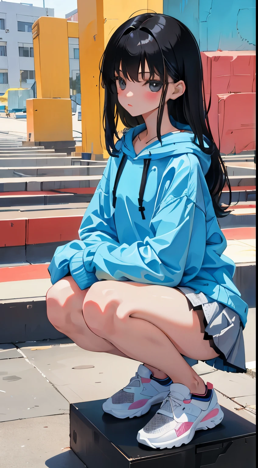squat,(short cute girl, young studeg delicate girl),(masterpiece,Top quality),large pastel hoodie,mini skirt,long black hair