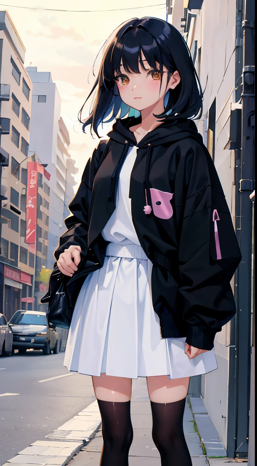 Looks sleepy,(short cute girl,small young student,young delicate girl),(masterpiece,Top quality),large pastel hoodie,fluffy skirt,long black hair