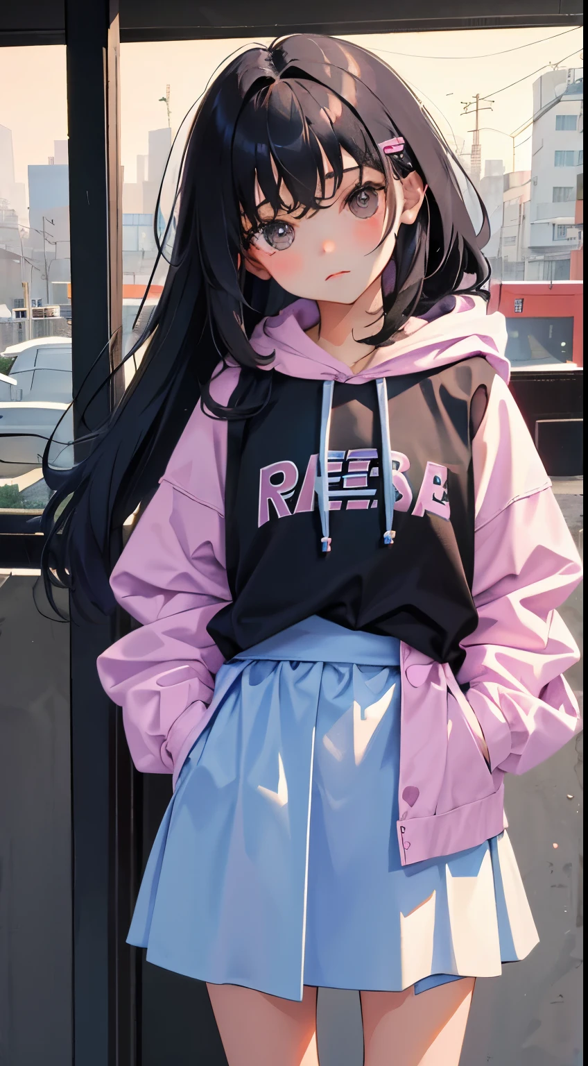 Looks sleepy，(short cute girl， young studeg delicate girl）,（masterpiece，Top quality)，large pastel hoodie，fluffy skirt，long black hair