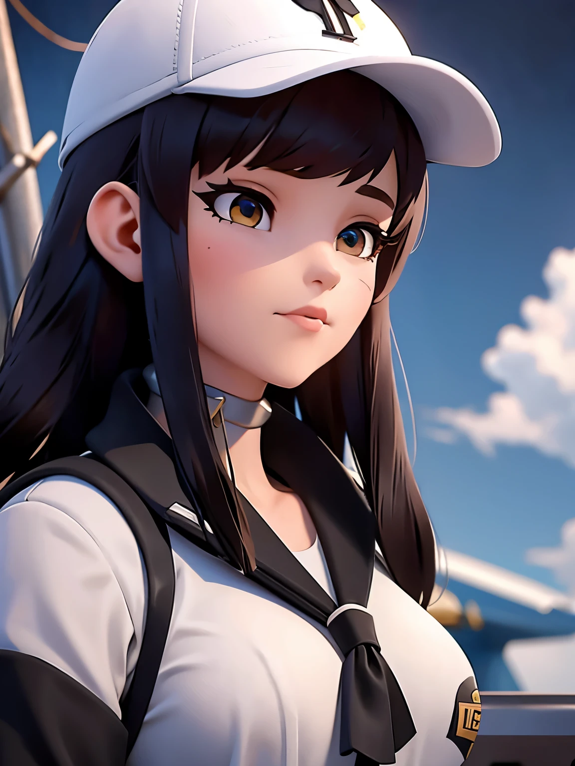 obra de arte,melhor qualidade,obra de arte,melhor qualidade,arte oficial,papel de parede extremamente detalhado da unidade CG 8k,1girls, black hair, breasts, clothed, clothed female, female, female only, sailor hat, sailor uniform, solo, solo female